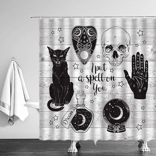 Miniatura 3 de Cortina de ducha con diseño de calavera de gato negro Ouija, con cita de miedo, de madera rústica, magia, brujería, alquimia, ilustración gótica,