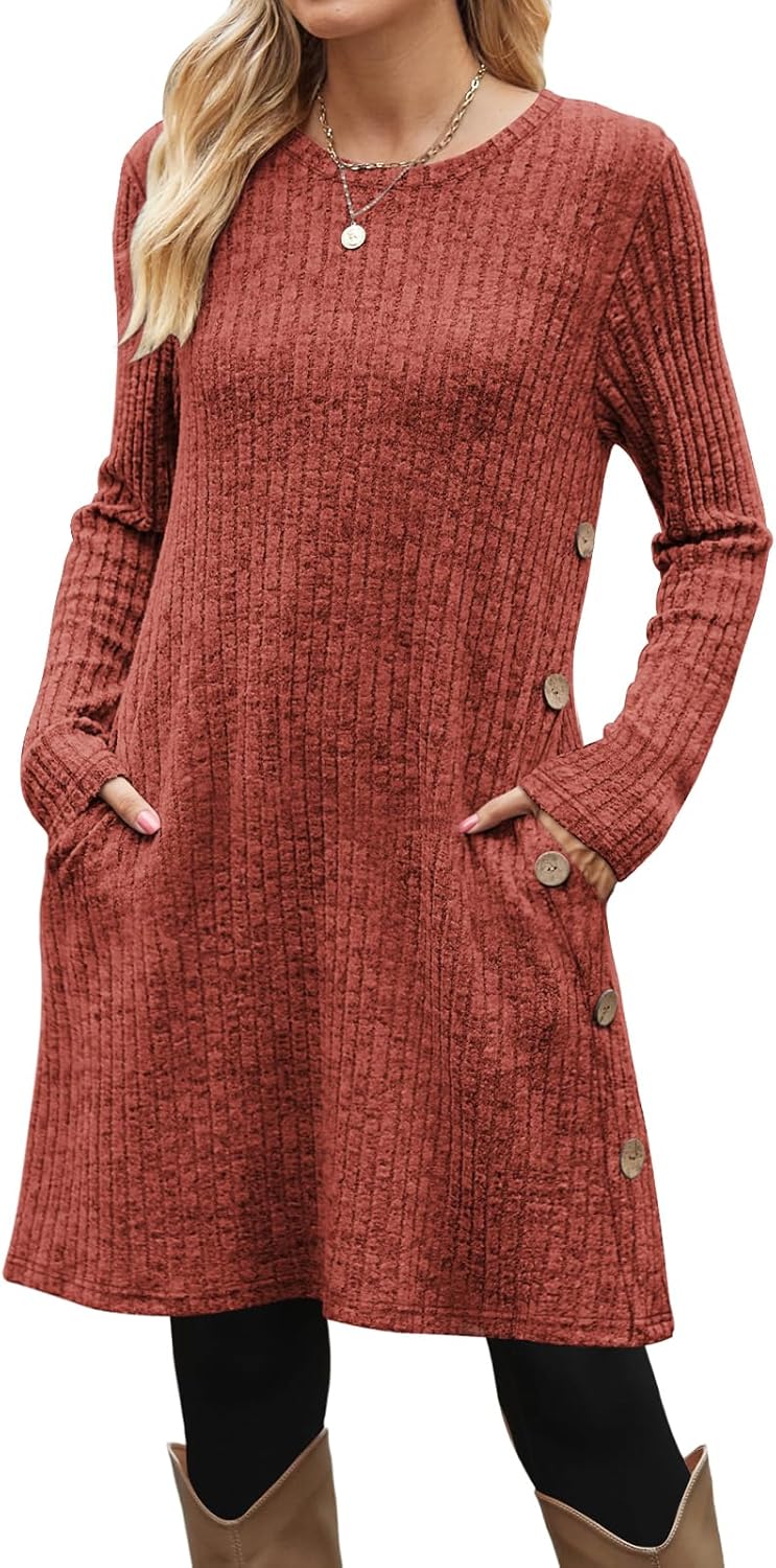 OFEEFAN Fall and Winter Tunic Dress with Pockets Long Sleeve Crew Neck Buttons Side - Image 2