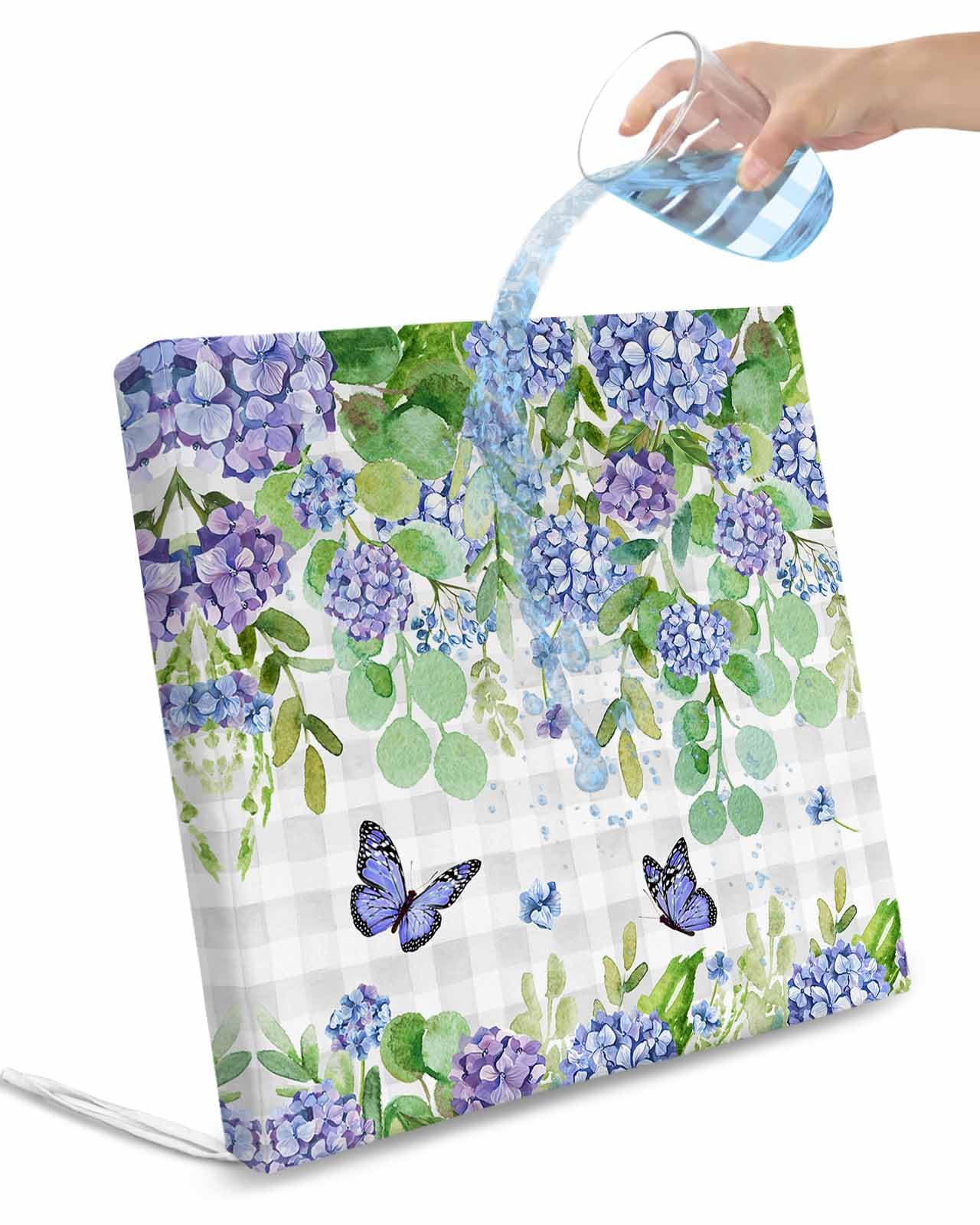 2 Pack Blue Flower Waterproof Cushion Covers with Ties Outdoor Patio Chair Seat Cushion Slip Covers Replacement(Only Cover) Green Eucalyptus Spring Botanical Plant Plaid 22''x20''x4''