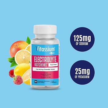 Vitassium FastChews, Chewable Electrolyte Tablets, Fast-Acting Sodium Tablets, Fruit Punch, 60 Count