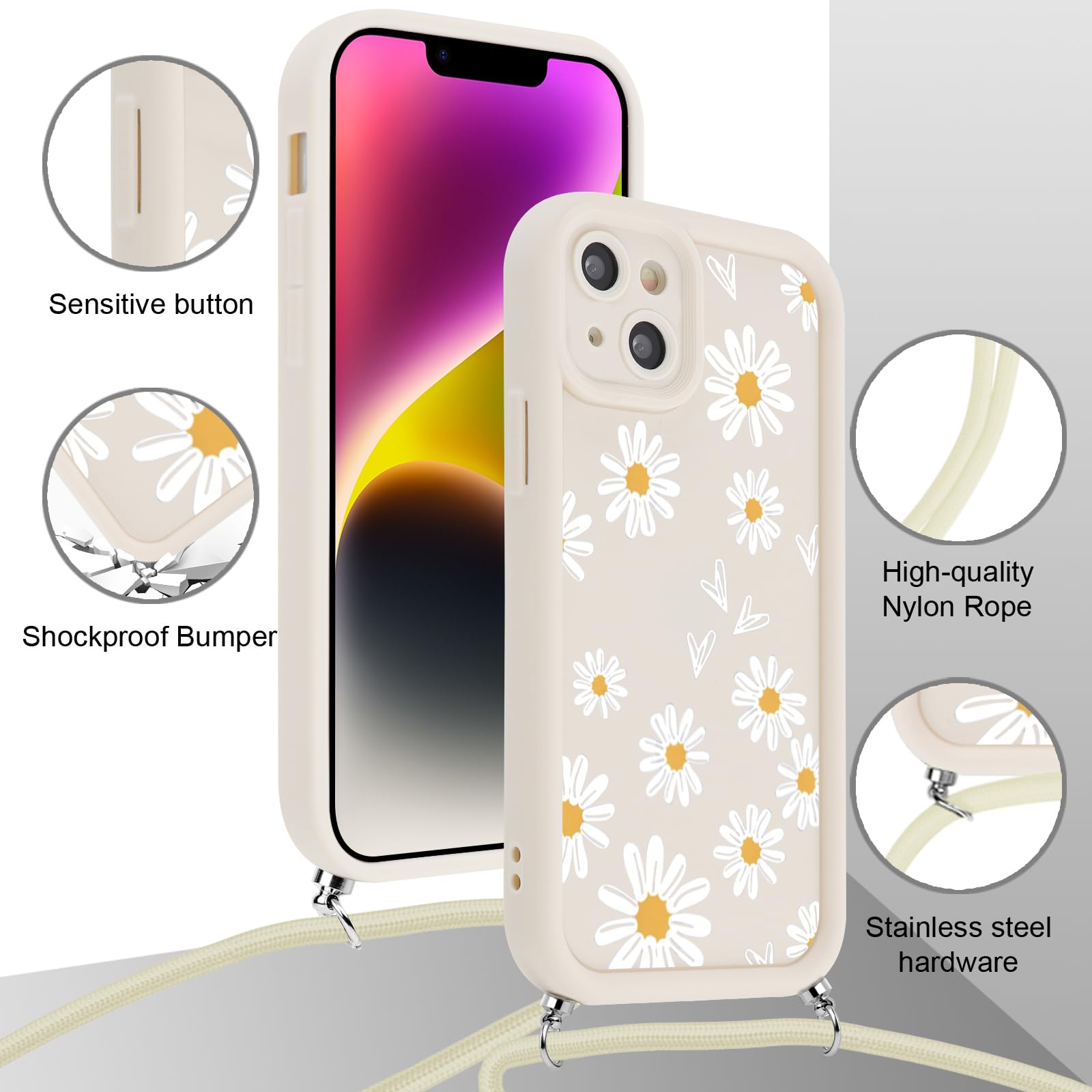 Custodia In Silicone Per IPhone 15 Con Cordino Regolabile – Design Floreale Astratto, Blu, Antiurto E Anti-graffio - 3