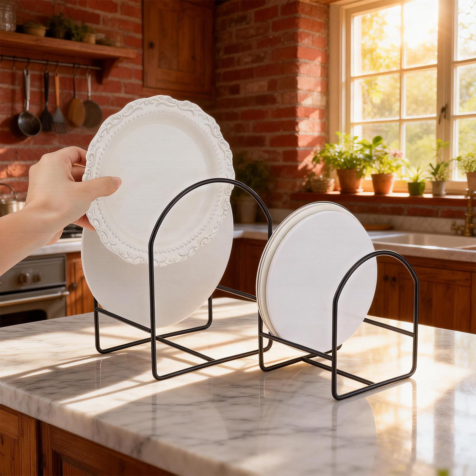 6 soportes para platos de cena, organizador de platos de cocina, estante vertical de hierro de 2 tamaños para armarios de cocina, mostrador de armario (3 grandes y 3 pequeños, negro)