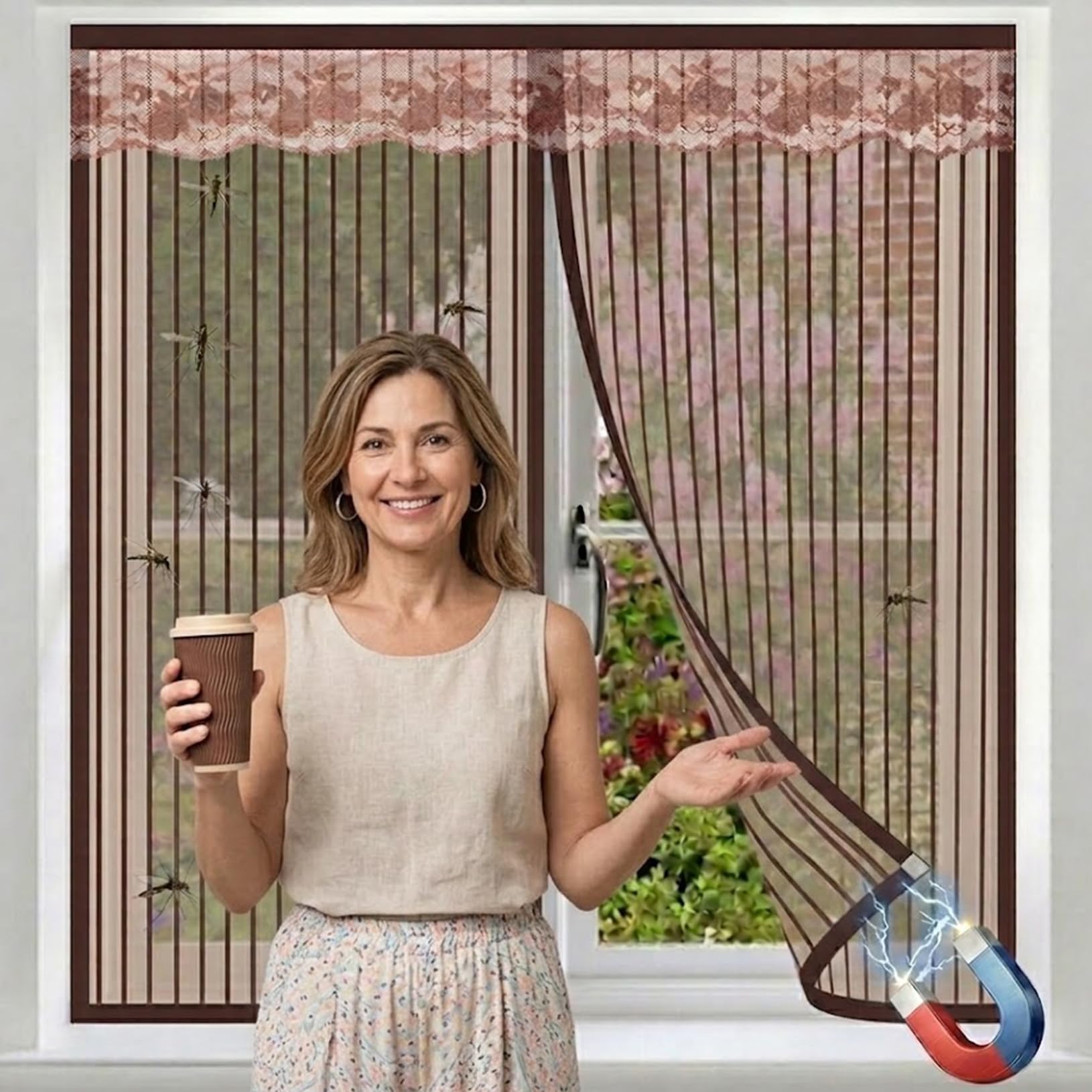 Lorxilar Magnetic Window Fly Screen DIY Insect Mesh Netting for Window Frames Fixed Size Full-Frame Self-Adhesive Screen Net Brown, W 120CM/ H130CM