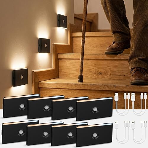 wowatt Luz de escalera recargable con sensor de movimiento, luces nocturnas negras con montaje magnético, luces de paso regulables para interiores