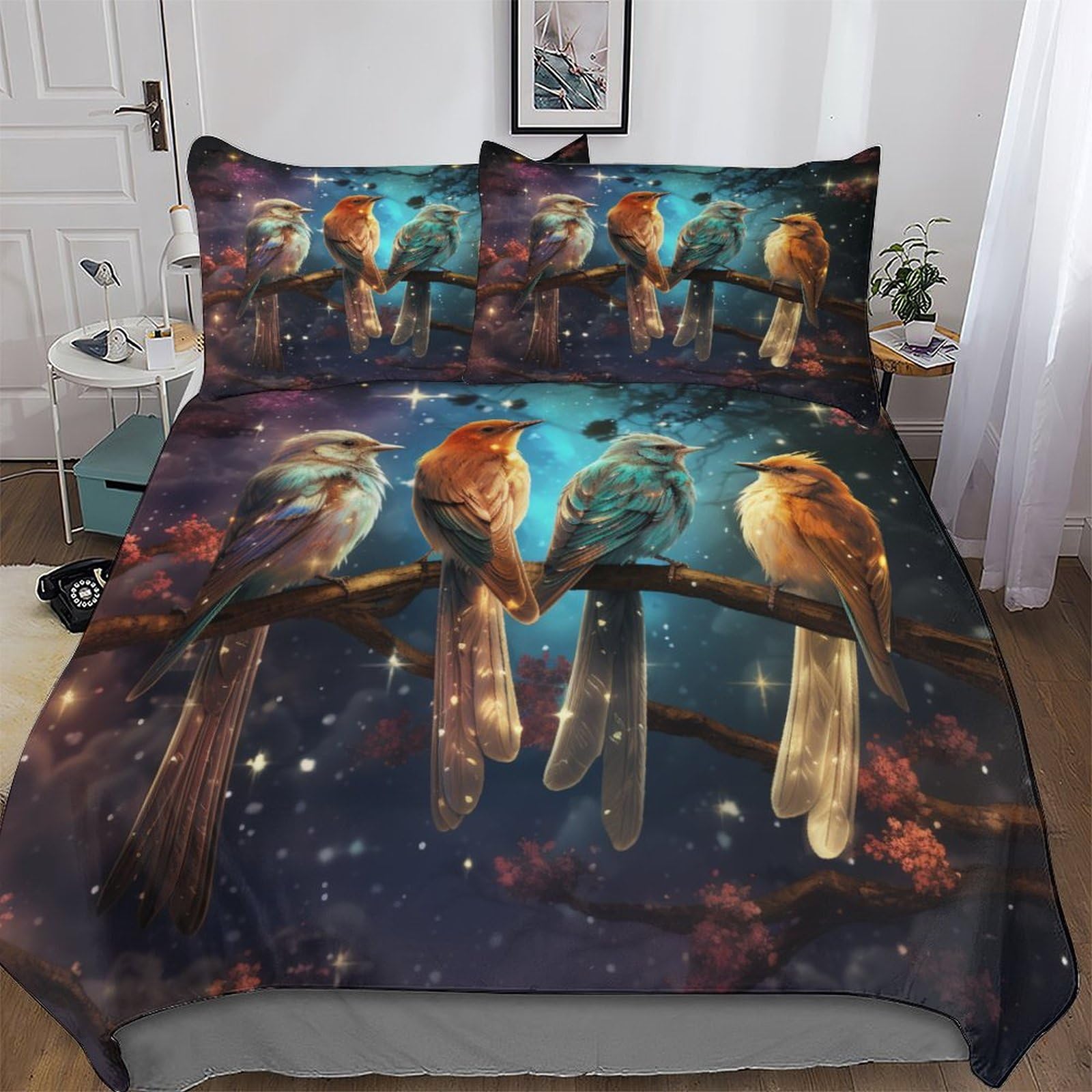 Cute Bird Duvet Cover Set, Bedding Linen Set, Ultra Soft Comforter Cover with Zipper Closure 3 Pieces, Quilt Cover with Pillowcase for Kids, Youth And Adult Double (200x200cm)