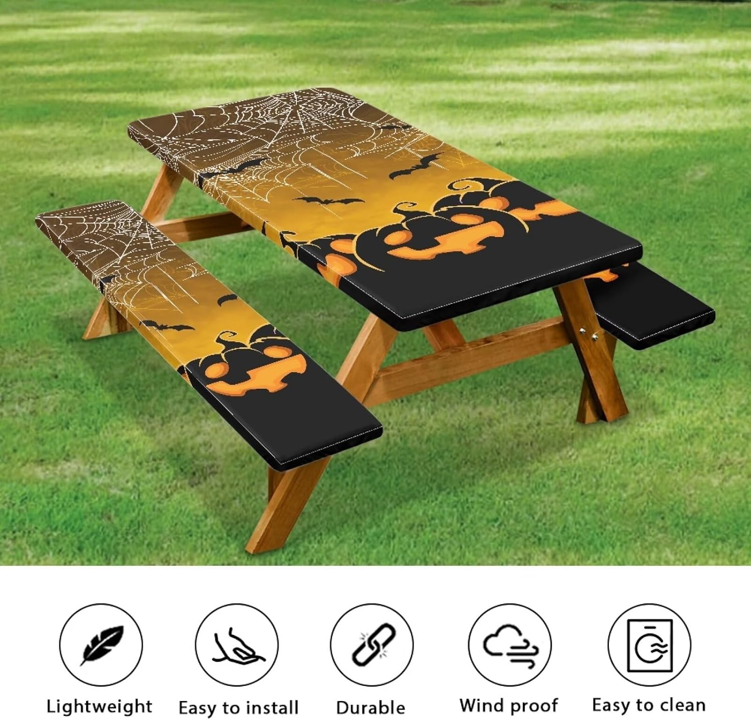 Cobweb Jack-O'-Lantern Picnic Table and Bench Fitted Tablecloth Cover Set for Halloween Decor 3 Pieces Windproof Camping Table Cover with Seat Covers Reusable Table Cover Camping Gear