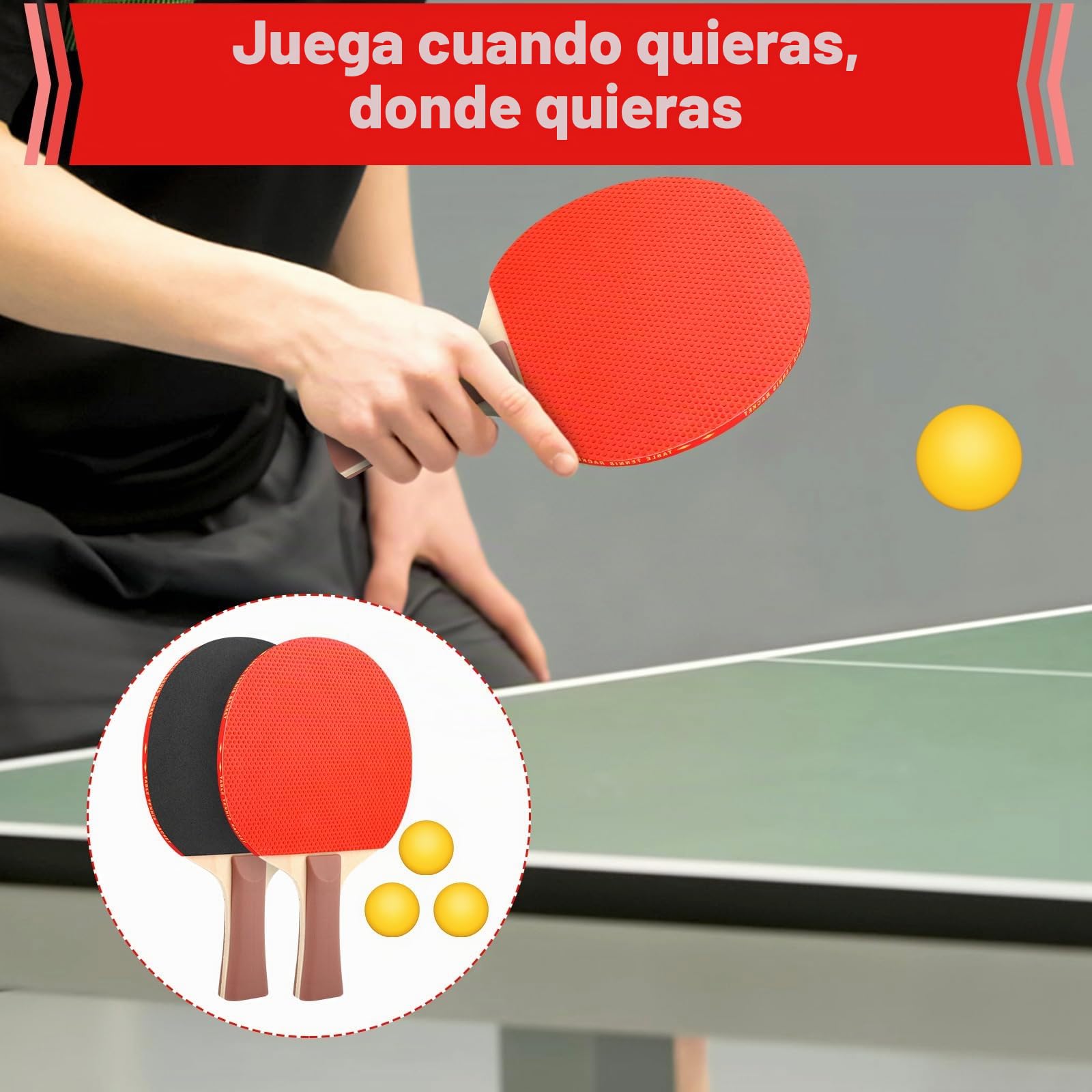 Juego de raquetas de tenis de mesa, juego de tenis de mesa profesional, red de tenis de mesa con red para niños 2 raquetas de tenis de mesa + red retráctil, 3 pelotas de ping-pong, 1 * bolsa de malla