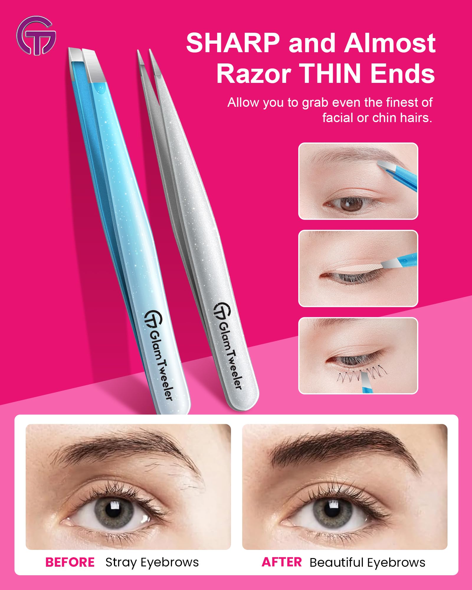 GlamTweeler - Juego de pinzas de punta inclinada y puntiaguda con exclusiva funda de cuero, juego de pinzas afiladas y de precisión para cejas, vello facial y eliminación de vello fino (azul brillante