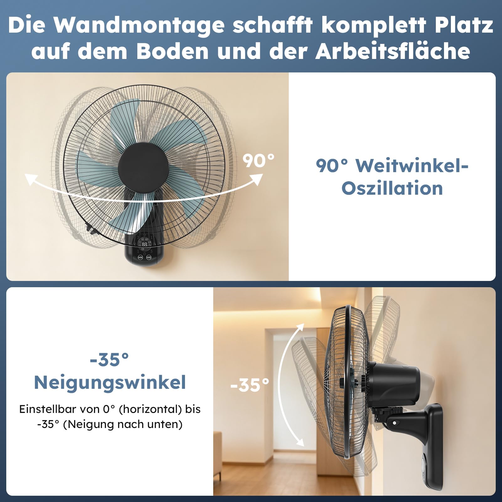 Ventilateur mural avec télécommande & minuterie (1-9h) – 5 pales ASA, 3 vitesses, oscillation 90° – silencieux (≤28dB), montage mural, idéal pour chambre, terrasse & extérieur – Noir.