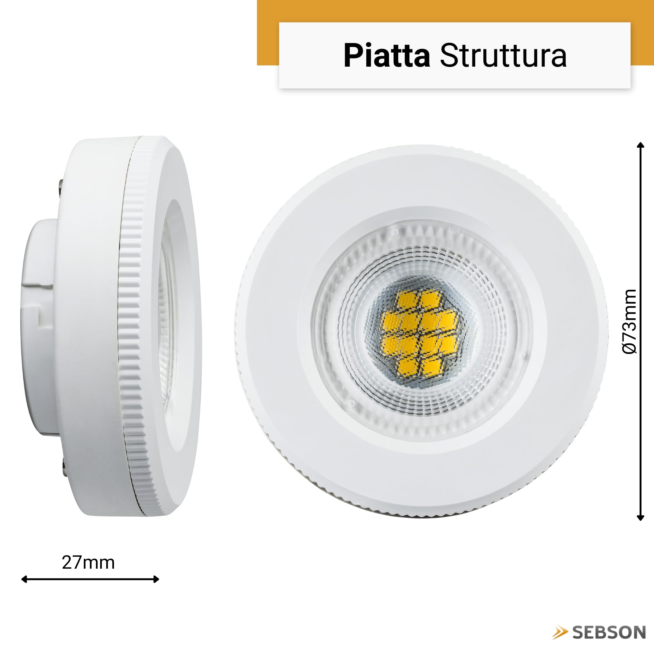 SEBSON Lampadina LED GX53 2,5W - Classe di Efficienza Energetica A | 450lm Bianco caldo 3000K, sostituisce Alogena 40W, Lampada LED piatta Ø73x27mm, 230V, Set da 10