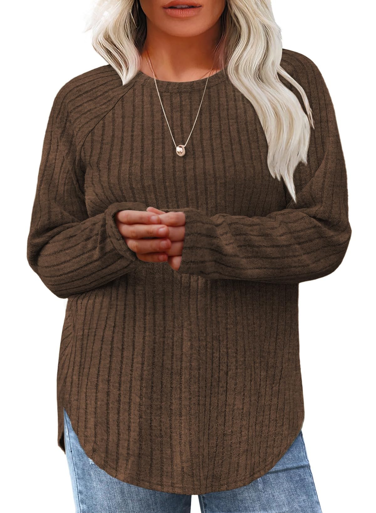 Eytino Plus Size Tops for Women Fall Soft Solid Crewneck Long Sleeve Knitted Pullover Blouses Shirt 1X-5X