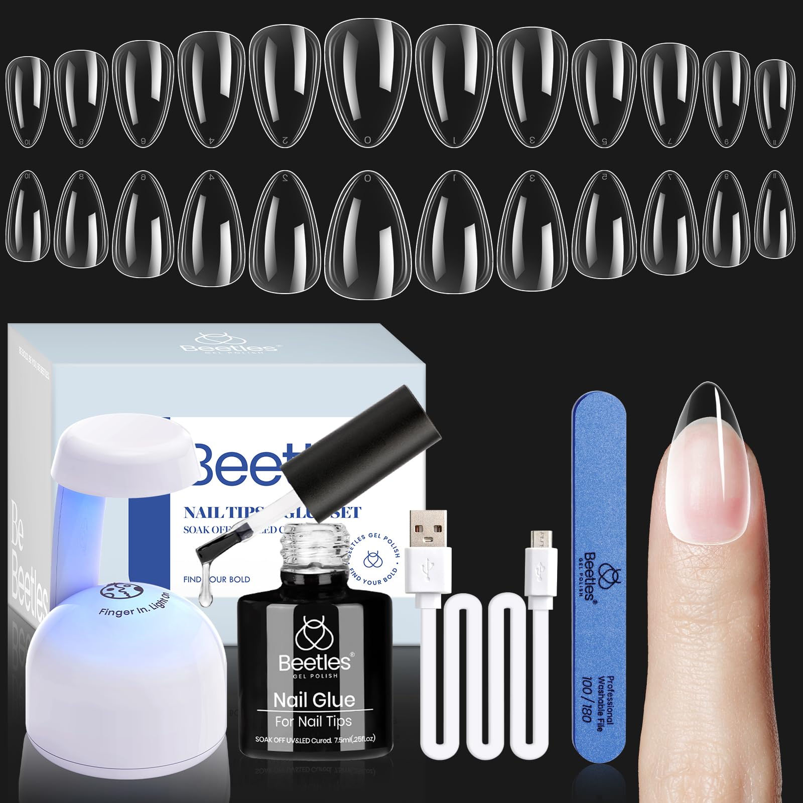 Beetles Gel Nail Kit, Short Almond Nail Tips Easy Extension Set 240 Pcs Pre Shaped Clear Full Cover Fake Nails Tips with 5 In 1 Nail Glue Uv Led Lamp DIY Manicure Gifts for Women