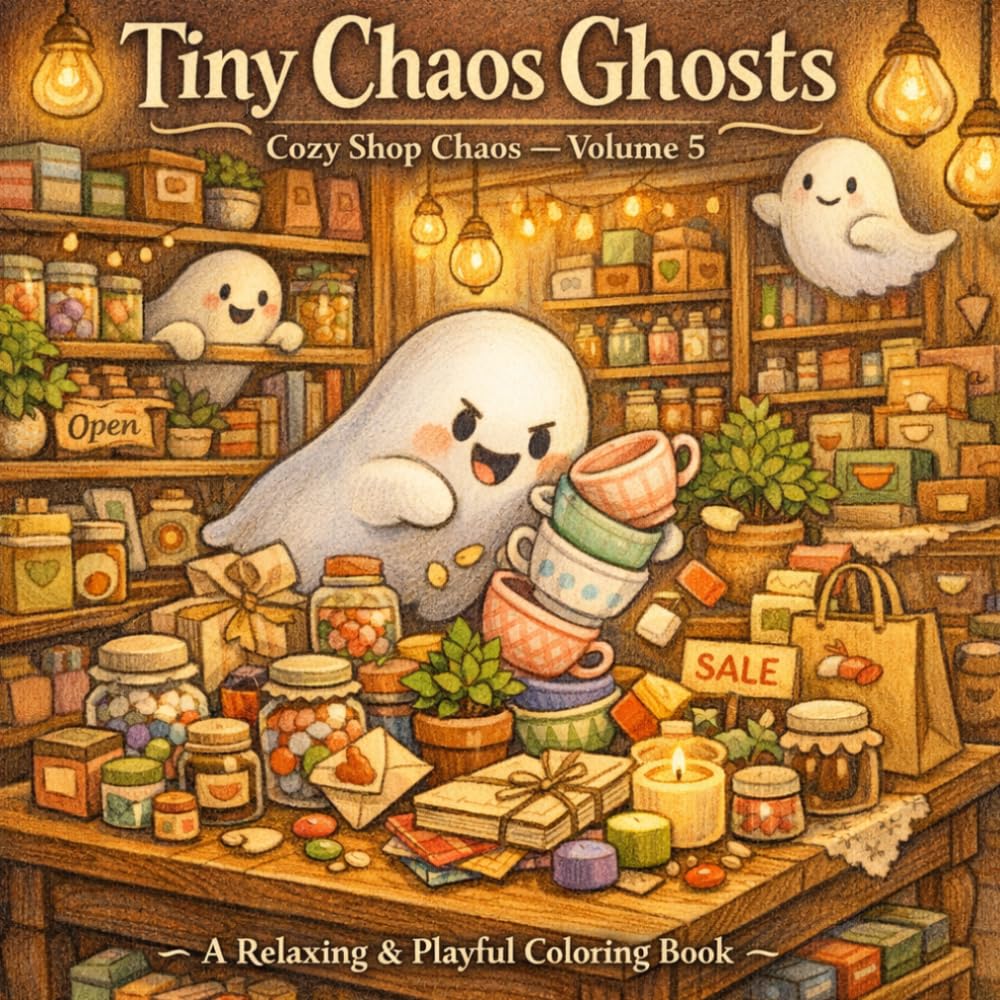 Tiny Chaos Ghosts: Tiny Shops: A Cute & Relaxing Coloring Book with Mischievous Little Ghosts in Cozy Shop Scenes (Tiny Chaos Ghosts — Cozy Chaos Coloring Series)