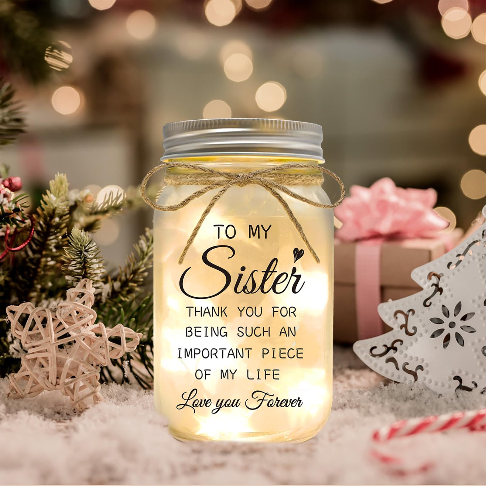 Sister Gifts - Mason Jar Night Lights with Warm Lights for Sisters, Unique Sister Birthday Gifts Ideas for Mothers Day Christmas Valentines Day, Heartfelt Home Decor Gift
