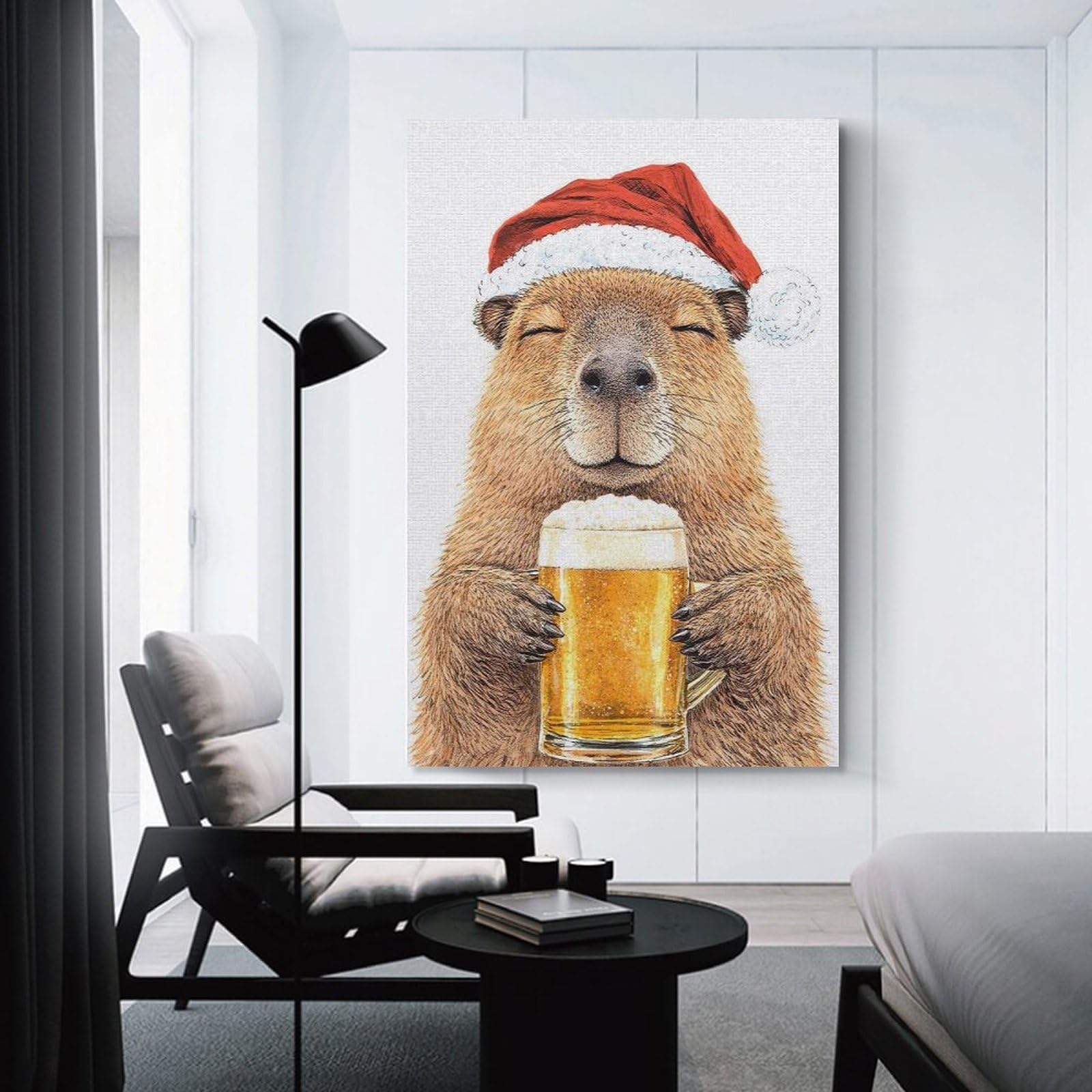 Junmoney Unframe-Style-17-1 Capybara In Santa Hat With Beer Wall Art Print, 12X18inch(30X45cm), For Corridors, Hallways Or Apartment Entries, Wall Decor To Refresh Empty Corners
