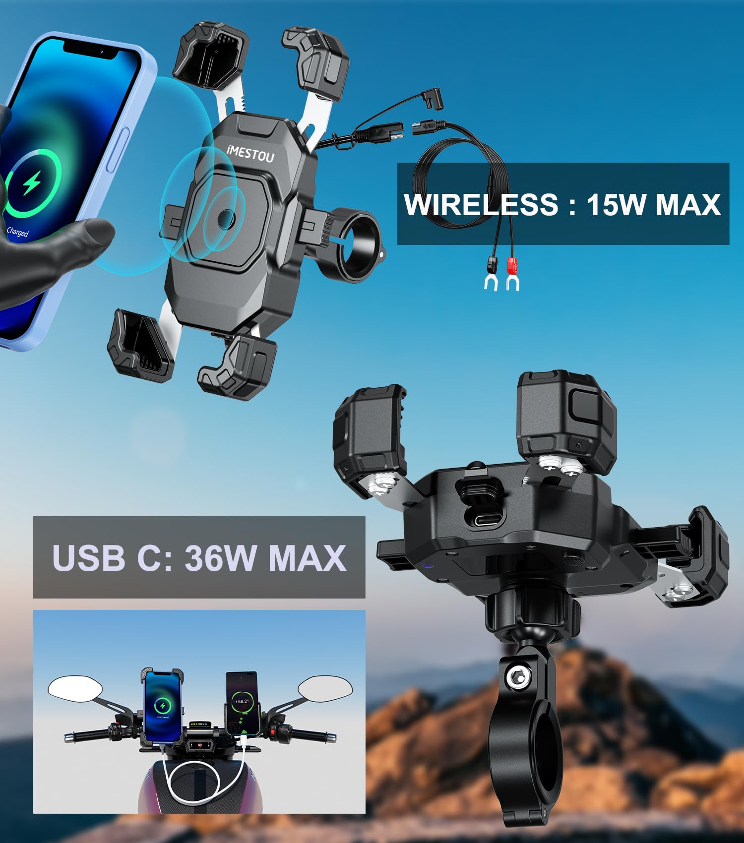 iMESTOU Supporto per Telefono con Caricatore USB C Wireless per Moto, con Anello SAE-O Rimovibile, Adatto per Telefoni da 5,5 a 7,25 Pollici con Spessore Fino a 15 mm, Larghezza < 93 mm