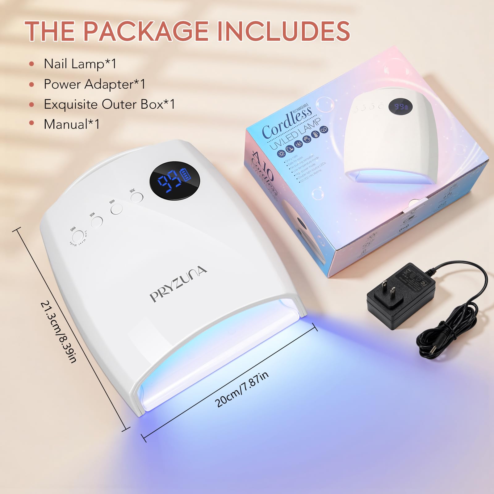 Lámpara LED UV inalámbrica de 72 W, luz UV profesional para uñas de gel, secador de uñas recargable de secado rápido con 4 temporizadores, 45 cuentas, sensor inteligente, soporte de pie retráctil