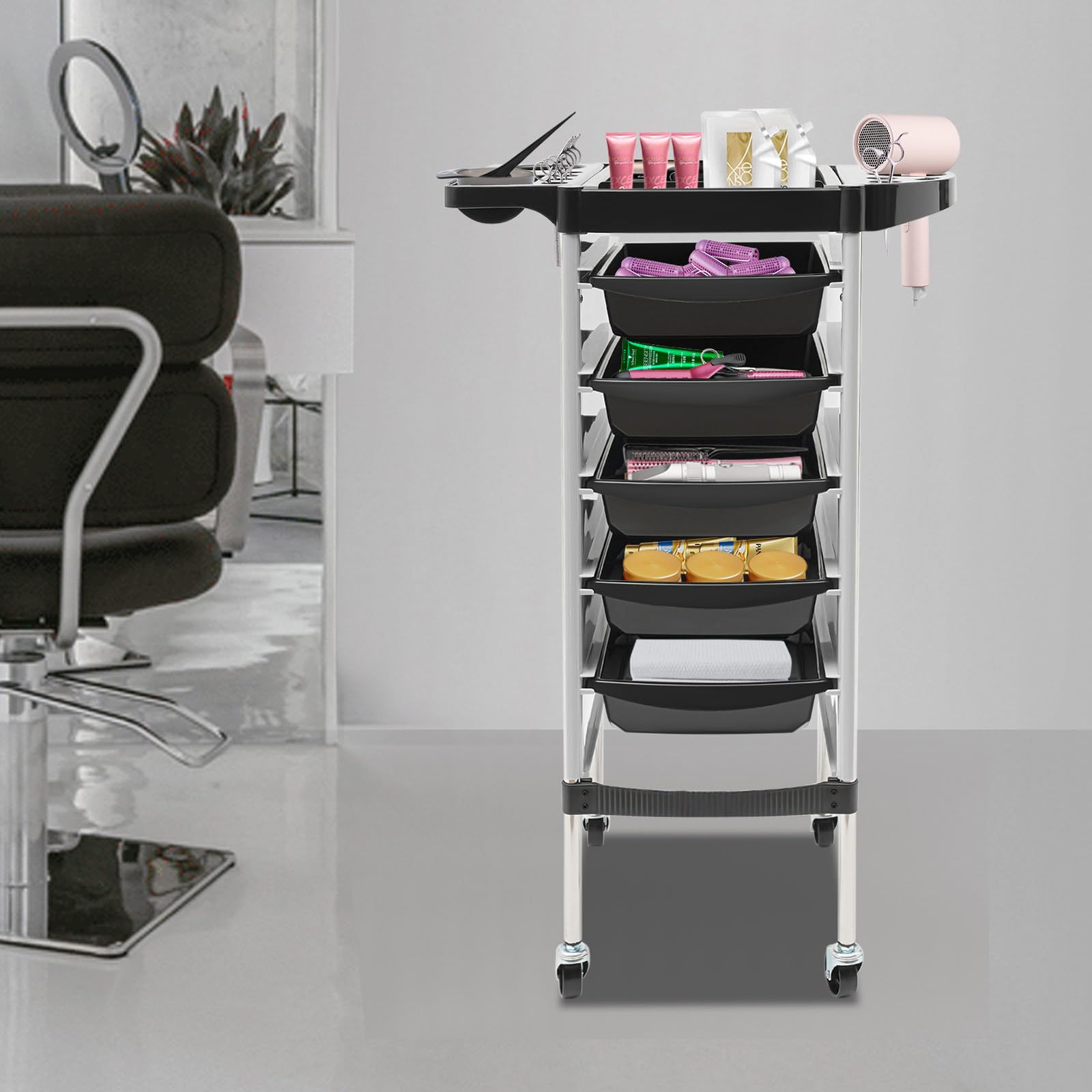 Chariot de coiffeur avec roulettes, chariot de coiffure, chariot de salon, chariot de service avec 6 étages, organiseur d'ustensiles de salon, multifonction (blanc)