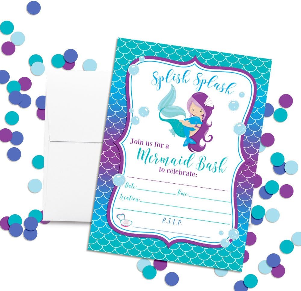 Magical Mermaid Birthday Party Invitations for Girls, 20 5x7 Fill In Cards with Twenty White Envelopes by AmandaCreation, Mermaid with Light Complexion