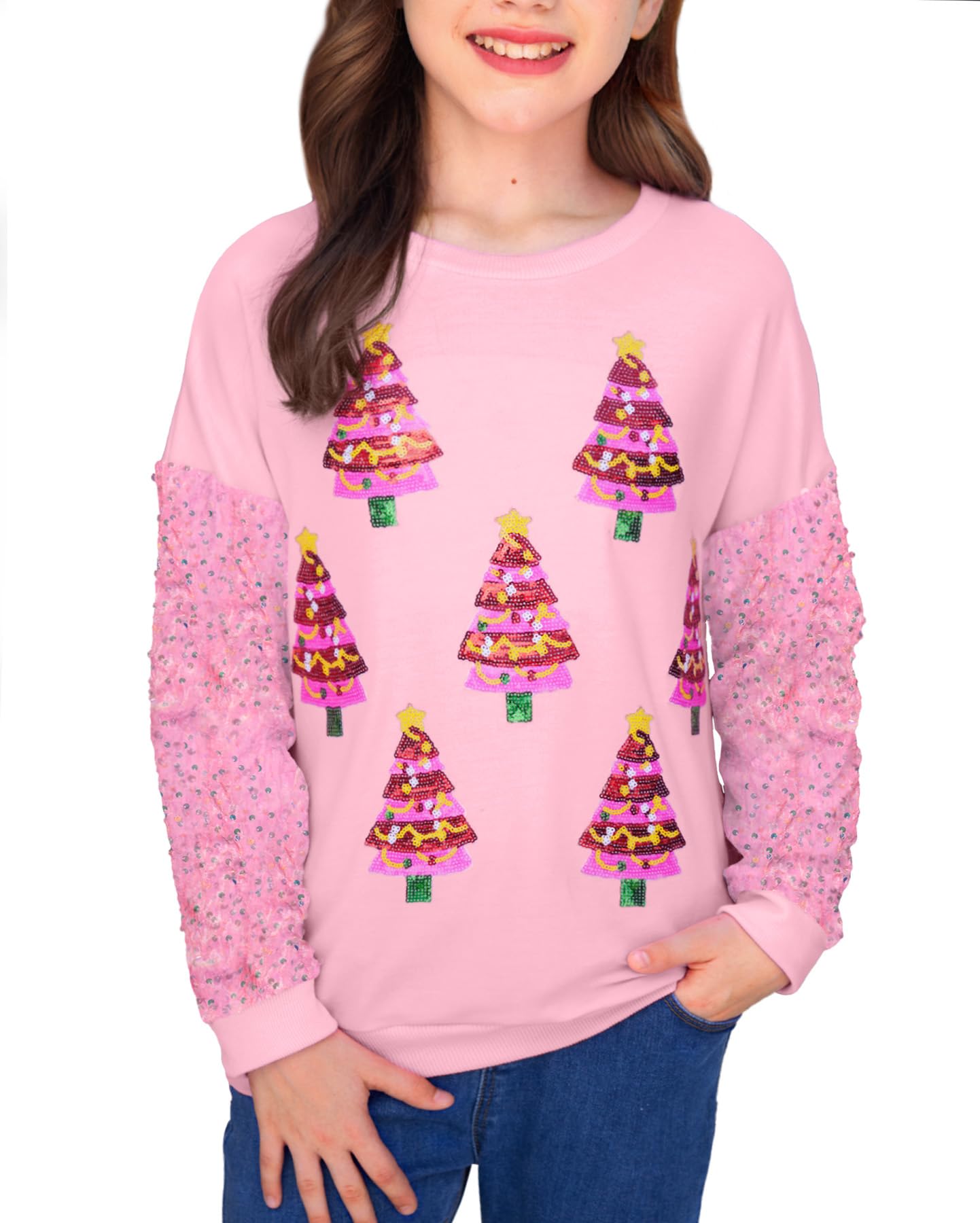 Girls Christmas Sequin Patchwork Sweatshirt Holiday Funny Shirt 6-14 Years