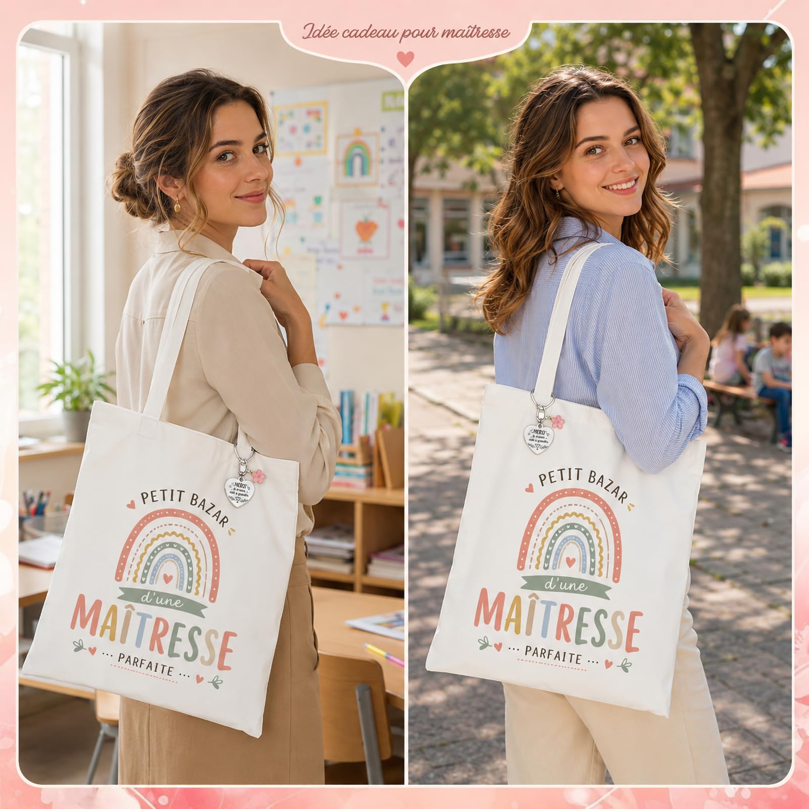 Sac En Toile & Porte-Clés Cœur En Acier Inoxydable Cadeau Maitresse D'École Original