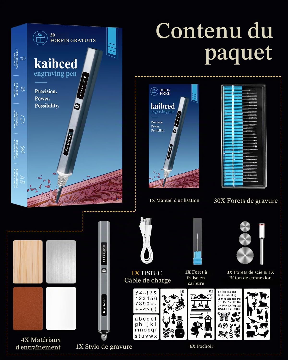 Stylo de gravure sans fil Kaibced avec 48 kits et écran LED, stylo sans fil 5 vitesses pour métal, bois, verre, plastique et tous les matériaux, cadeau d'artisanat rechargeable USB pour les débutants