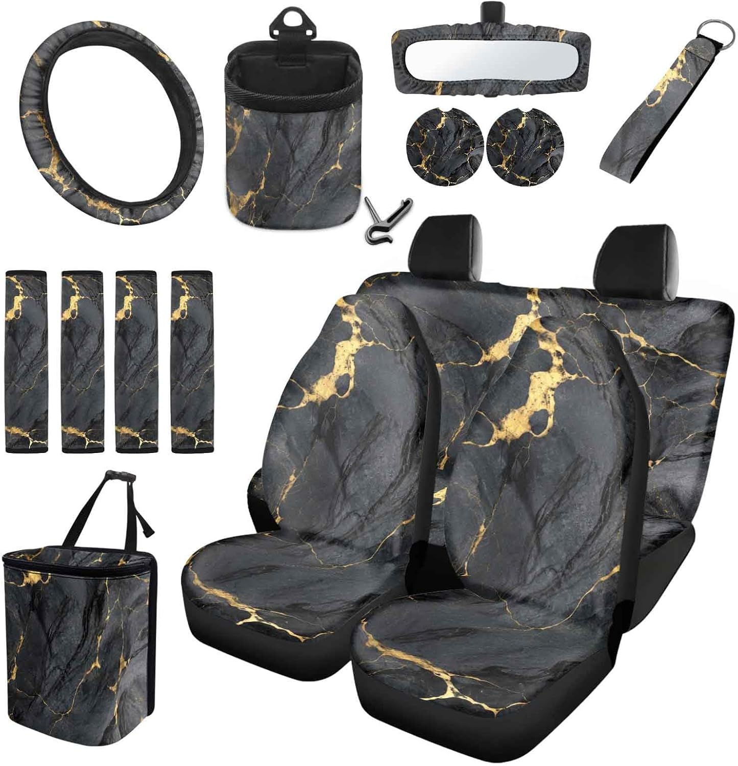 Black Gold Marble Unisex car Set Covers Full Set with Steering Wheel Cover Seat Belt Strap Cover Trash Cans Rear View Mirror Cover Cup Coaster Keychain Air Vent Storage Bag Universal Fit