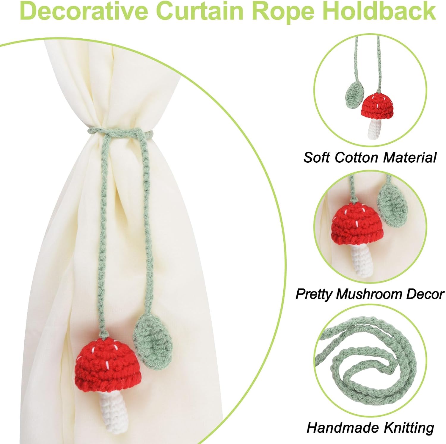 Mushroom Curtain Tieback 4Pcs Window Drape Rope Holdbacks with Mushroom and Leaf Decor Cute Handmade Crochet Curtain Ties for Home Office