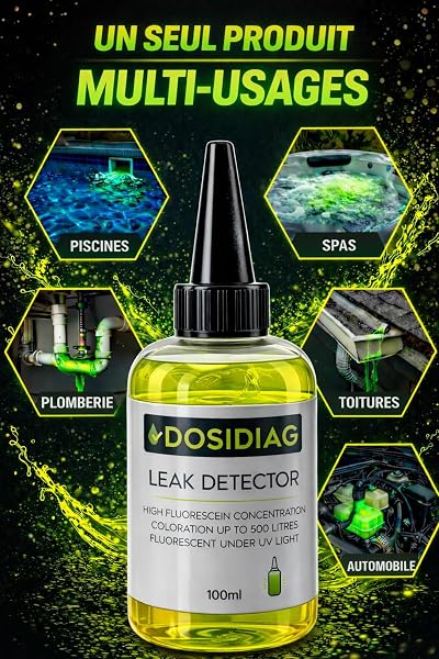 Détecteur de fuite DOSIDIAG | Recherche de fuite Universelle : Piscine, SPA, Plomberie, Toiture, Voiture | Fluorescéine haute concentration | Colorant Traceur - 3