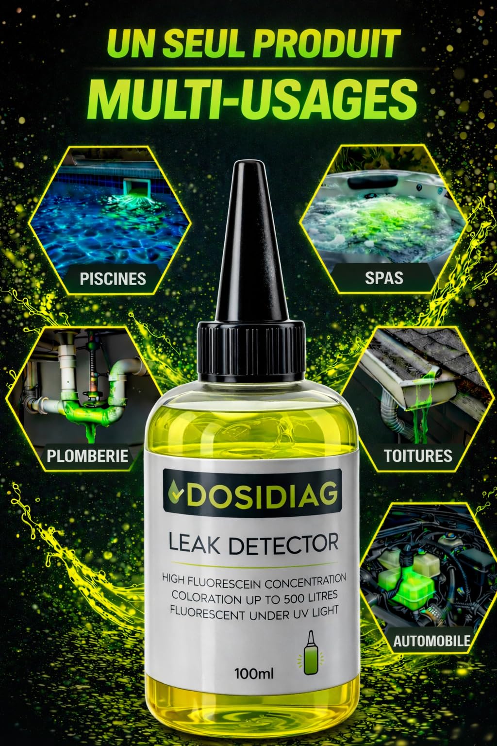 Détecteur de fuite DOSIDIAG - Fluorescéine haute concentration - Recherche fuite piscine SPA plomberie toiture voiture