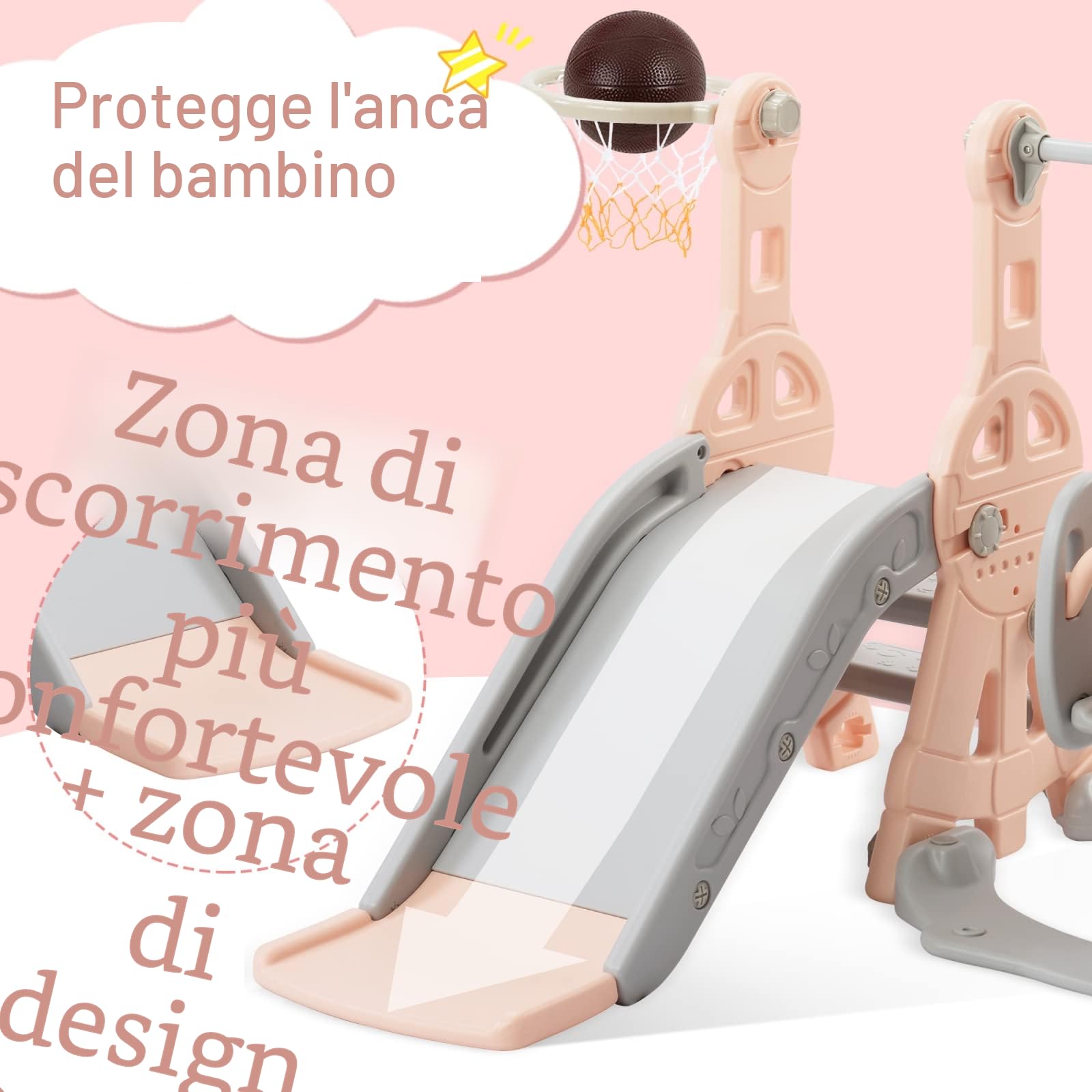 Set da parco giochi per bambini autoportante 4 in 1, con scivolo arrampicabile, canestro da basket, per ambienti interni ed esterni, colore rosa