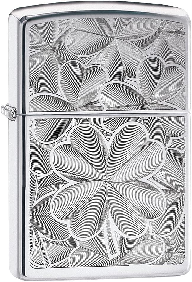 Zippo Lighter: Engraved Four Leaf Clovers - High Polish Chrome 80854