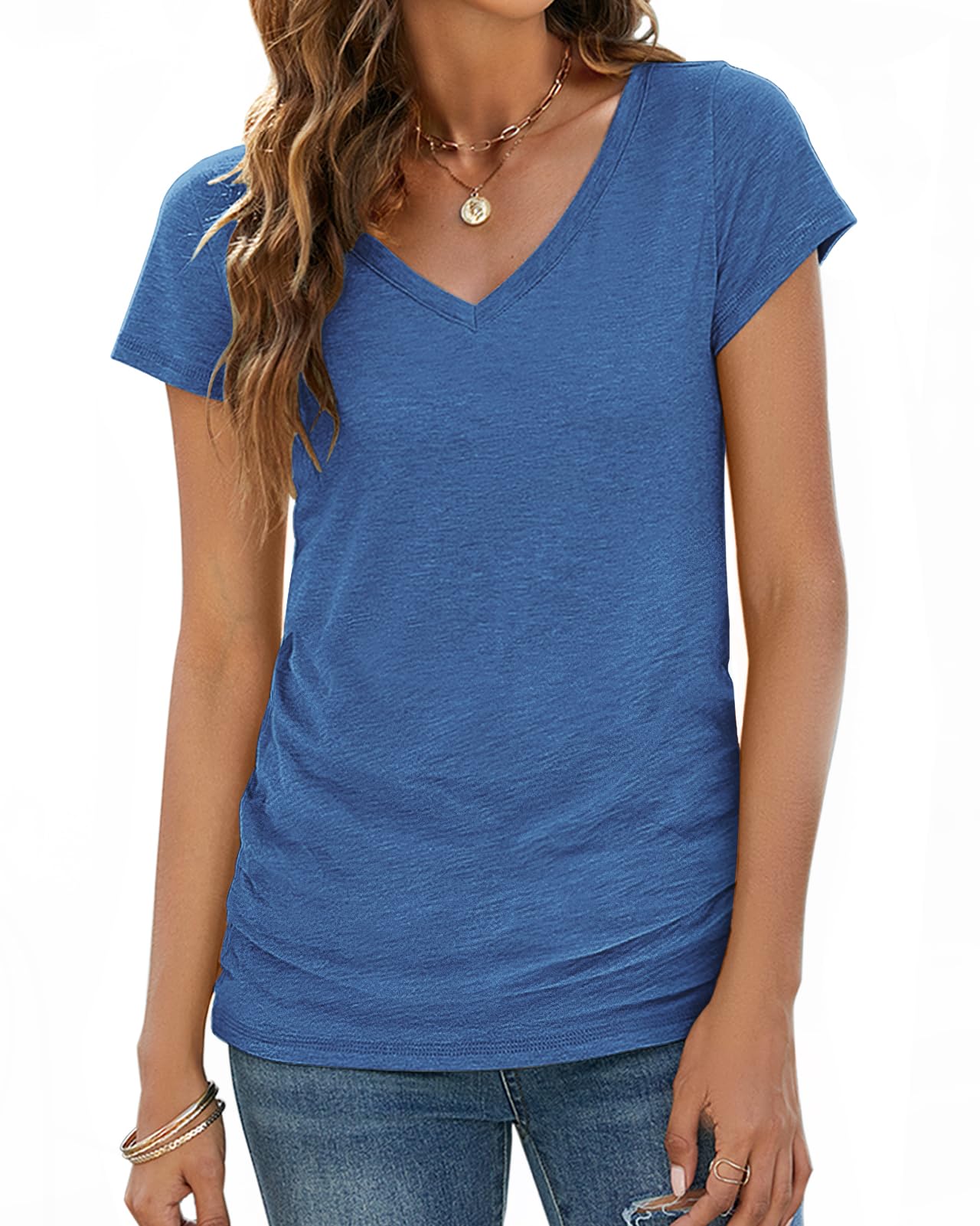 Sherosa Womens T Shirts V Neck Short/Long Sleeve Casual Tops Soft Solid Basic Tee