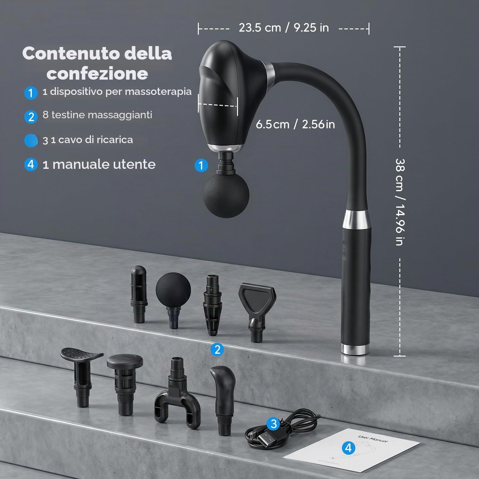 Pistola Massaggiante per Tessuti Profondi con 8 Testine Rimovibili e 5 Velocità — Massaggiatore Muscolare Wireless per Schiena, Spalle, Gambe, Recupero Post-Allenamento, Design Ergonomico Antifatica