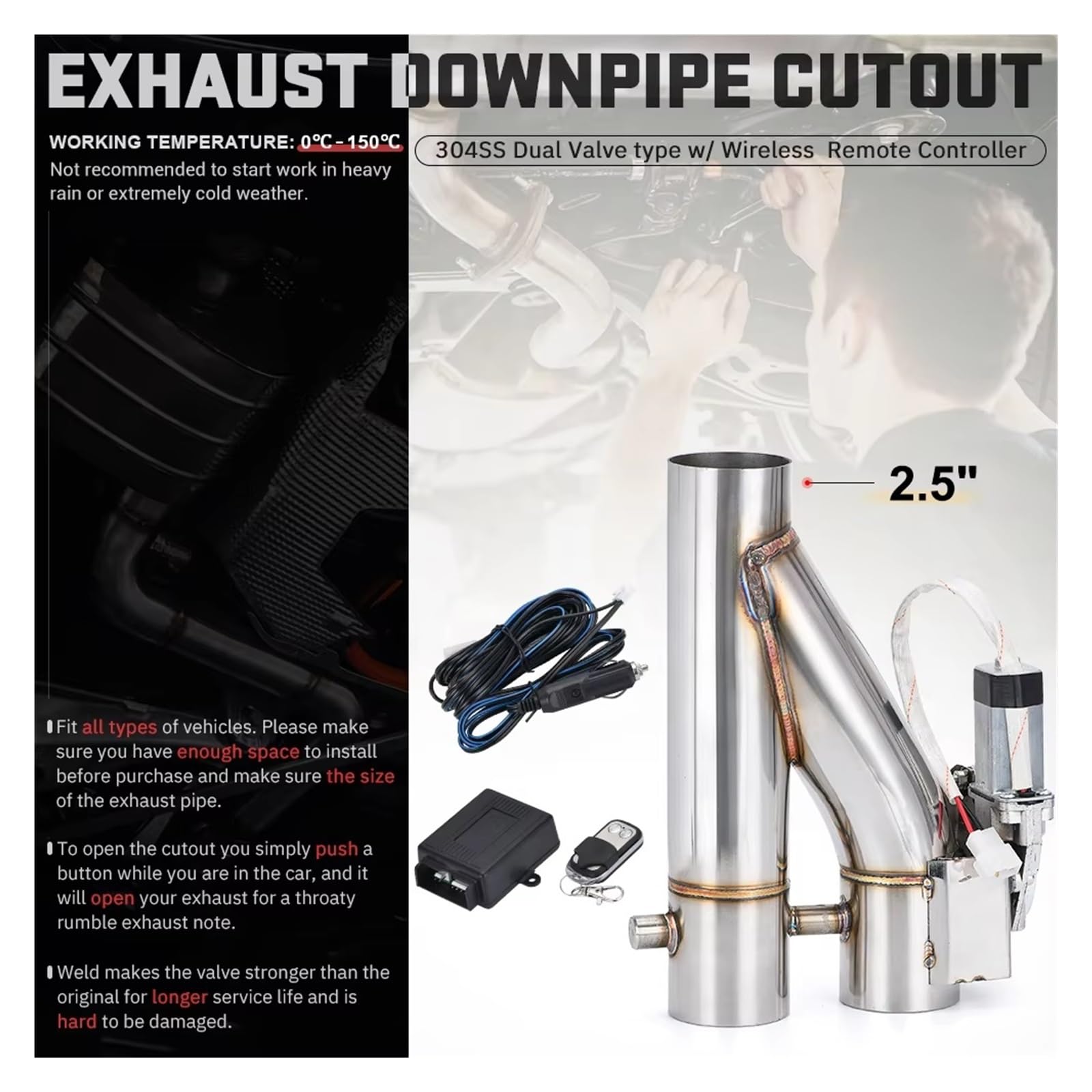 Endrohrblende Universal 2" 2,25" 2,5" 3,0" Elektrischer Auspuff-Fallrohrausschnitt E-Cut Out Dual-Ventil-Fernbedienung, kabellos Auspuffrohr(2.25)