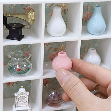 iLAND Doll House Accessories and Furniture 5pcs Trinket Display Shelf with Miniature Vase Dollhouse Furniture and 1/12 Scale Accessories Mini Bookshelf with Dollhouse Decor Exquisite Modern Tiny Vases