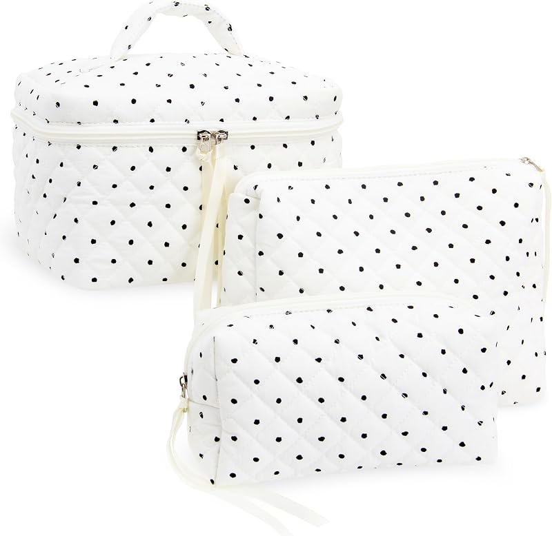 Conjunto PAZIMIIK com 3 necessaires de maquiagem matelassadas, Polka Dot White, fechamento por zíper