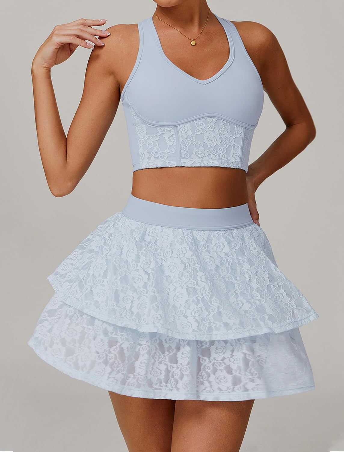 ABOCIW Womens 2 Piece Tennis Skirts Sets Racerback Workout Crop Tank Layer Lace High Waisted Mini Skirts Outfit - Image 4