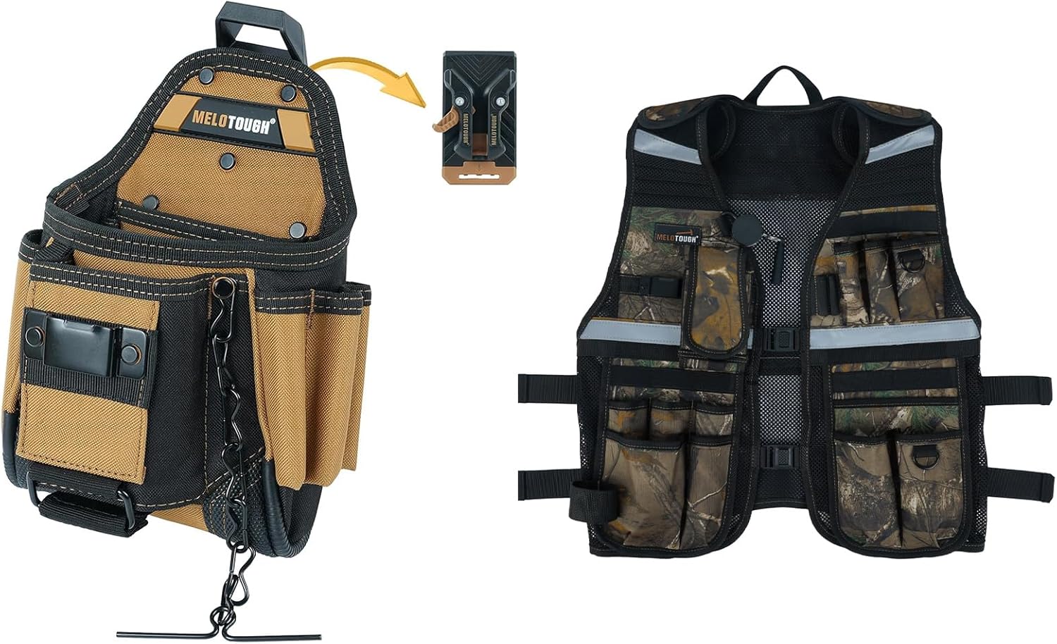 MELOTOUGH Small Electrician Tool Pouch Tool Belt Pouch with Belt Clip Attachment 9 Pockets Tradesman Tool Bag Pouch,Tool Vest for Men Reflective Safety Tool Vest with Removable Phone Holder