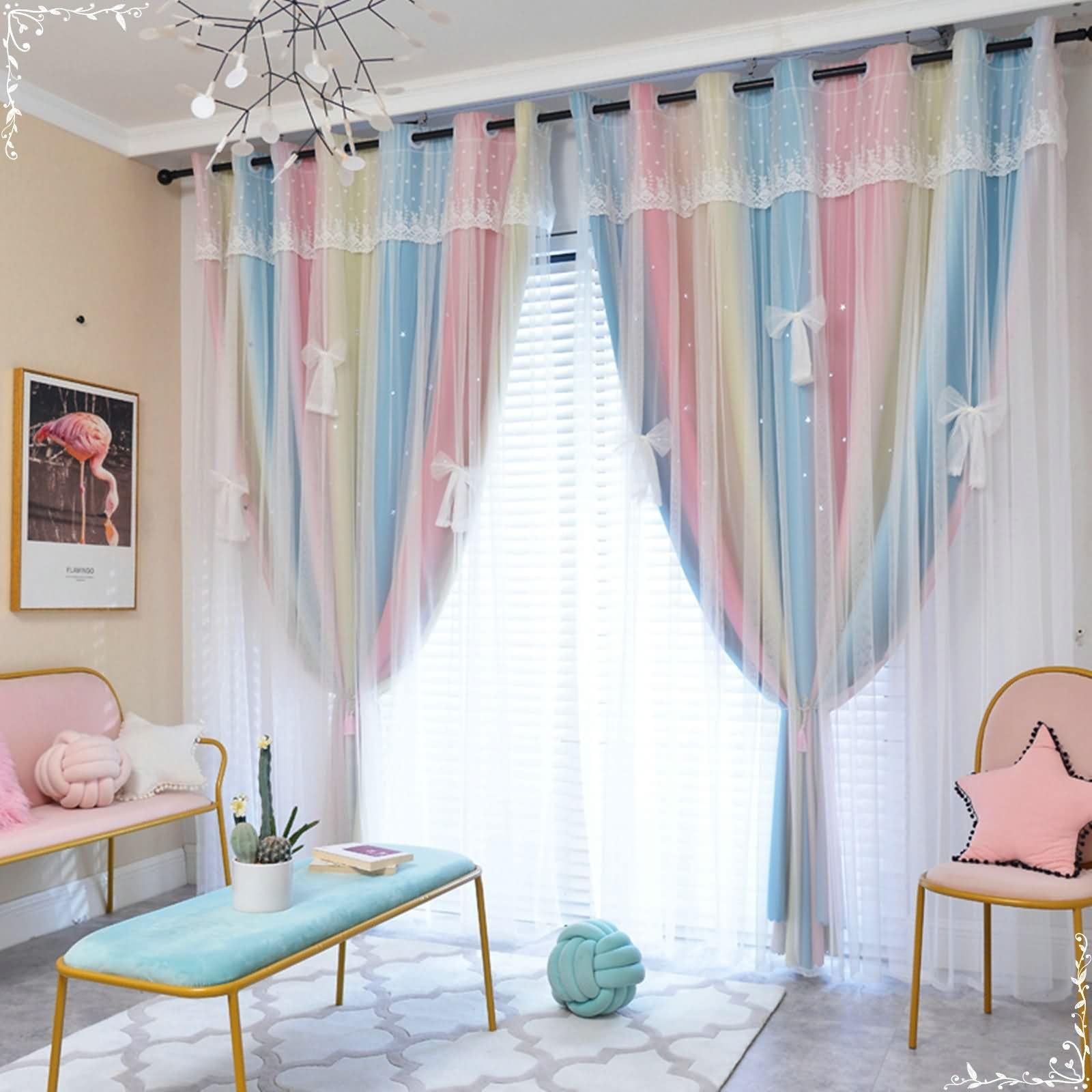 Rideau salon occultant Beydodo tricolore avec voilage style princesse 2 pièces 96x160cm