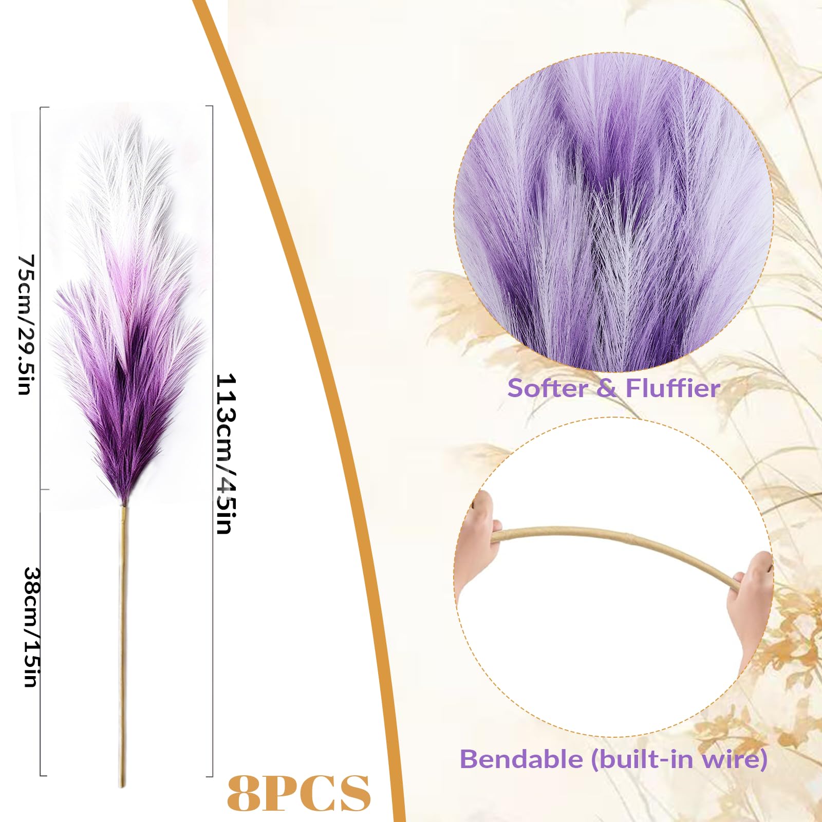 8 Pezzi 113CM Grande Pampas Decorative Artificiali Erba di Pampa XXL Pampa Artificiali Fiori Secchi per la Decorazione Boho del Salotto, Matrimoniale, Vaso, Camera da Letto (Viola Sfumato)