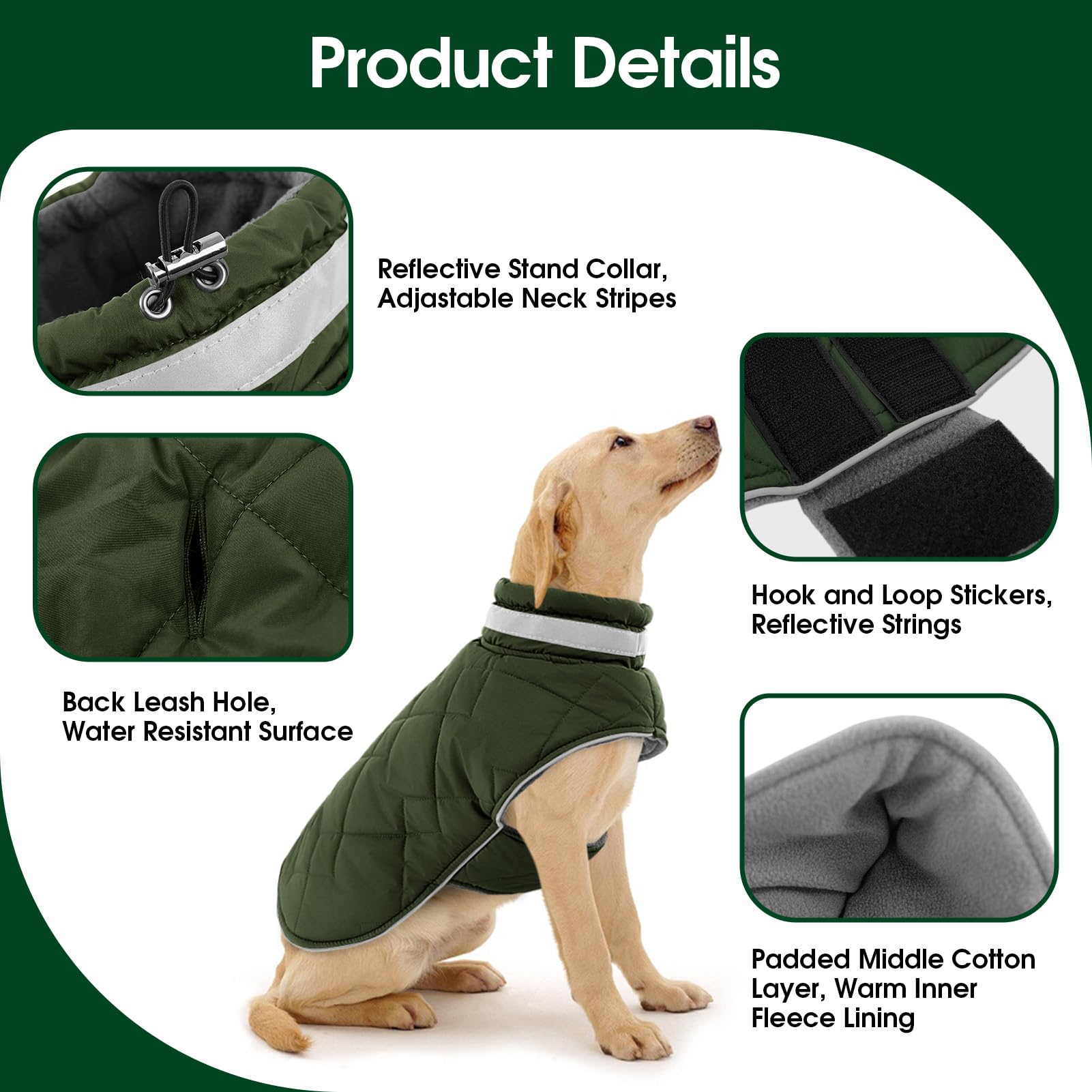 Hunde-Wintermantel, warm, gepolsterte Hundejacke, winddicht, Hundekleidung für kleine, mittelgroße und große Haustiere, Weihnachtspullover, Outfit, Weste (Grün, Größe 3XL)