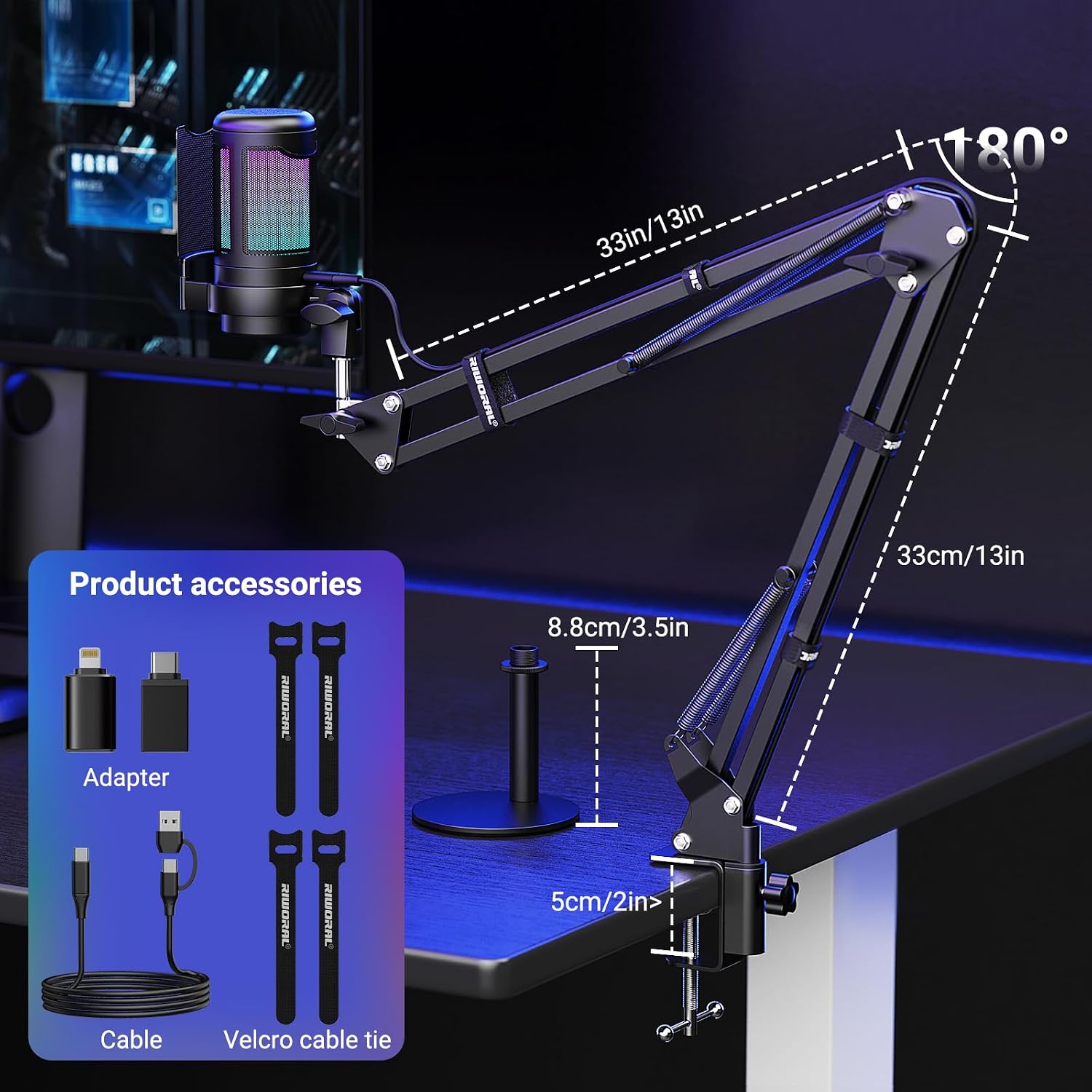 USB Gaming Microphone Kit, RGB Condenser Mic with Mute, Gain, Monitoring Adjustable Boom Arm Stand, Pop Filter, for Streaming, Podcasting, PC Gaming, YouTube, Compatible with PS4/PS5/Windows/Mac