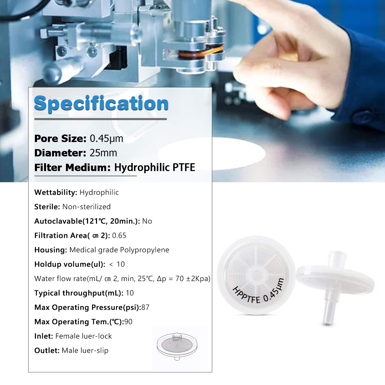 Hydrophilic PTFE Syringe Filters 25mm Diameter 0.45μm Pore Size for Laboratory Filtration by Allpure Biotechnology (Hydrophilic PTFE, Pack of 100): Industrial & Scientific