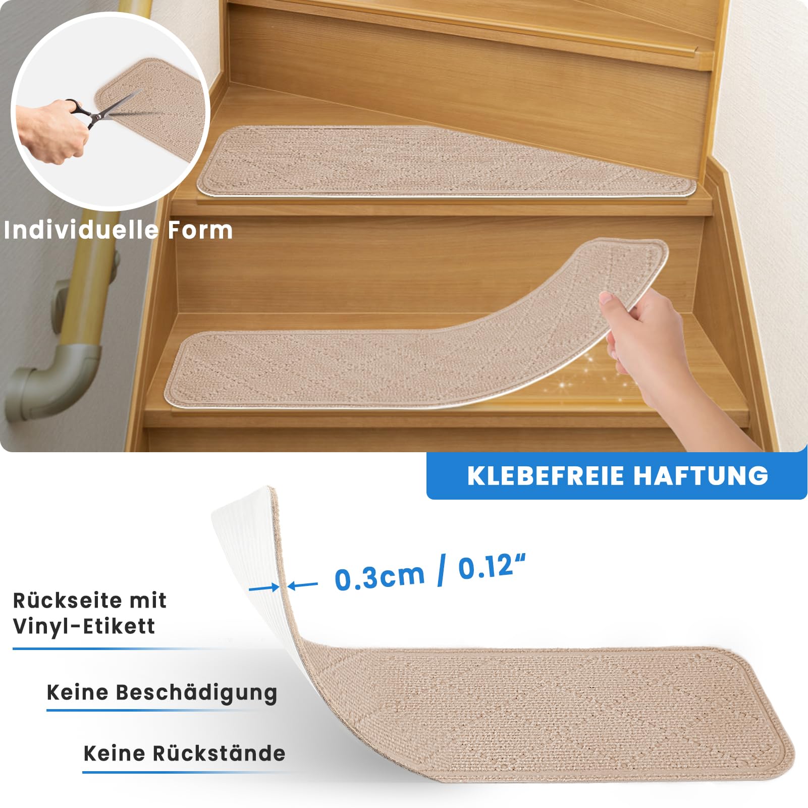 Treppenstufen Matten 76x20 cm, Stufenmatten Selbstklebend Innen 15 Stück, Treppenstufen Antirutsch Zuschneidbar Wiederverwendbar für Schützen Sie Haustiere, Senioren Kinder (Cremebeige)