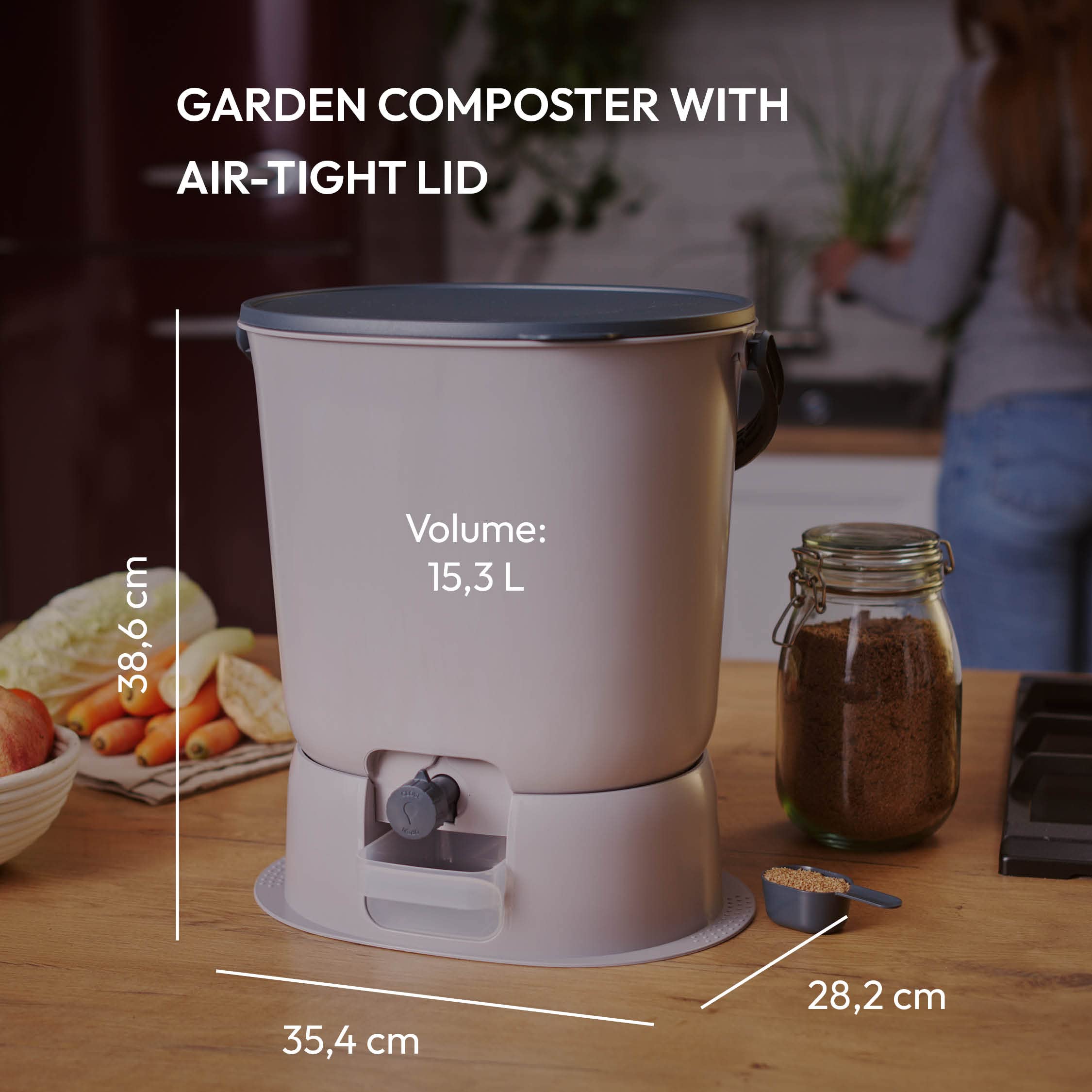 Skaza Bokashi Essential - Pattumiera biologica da cucina (15,3 litri) + base – Secchio per compost cucina e giardino in plastica riciclata – Starter Set + incl. 1 kg di avviamento per fermentazione