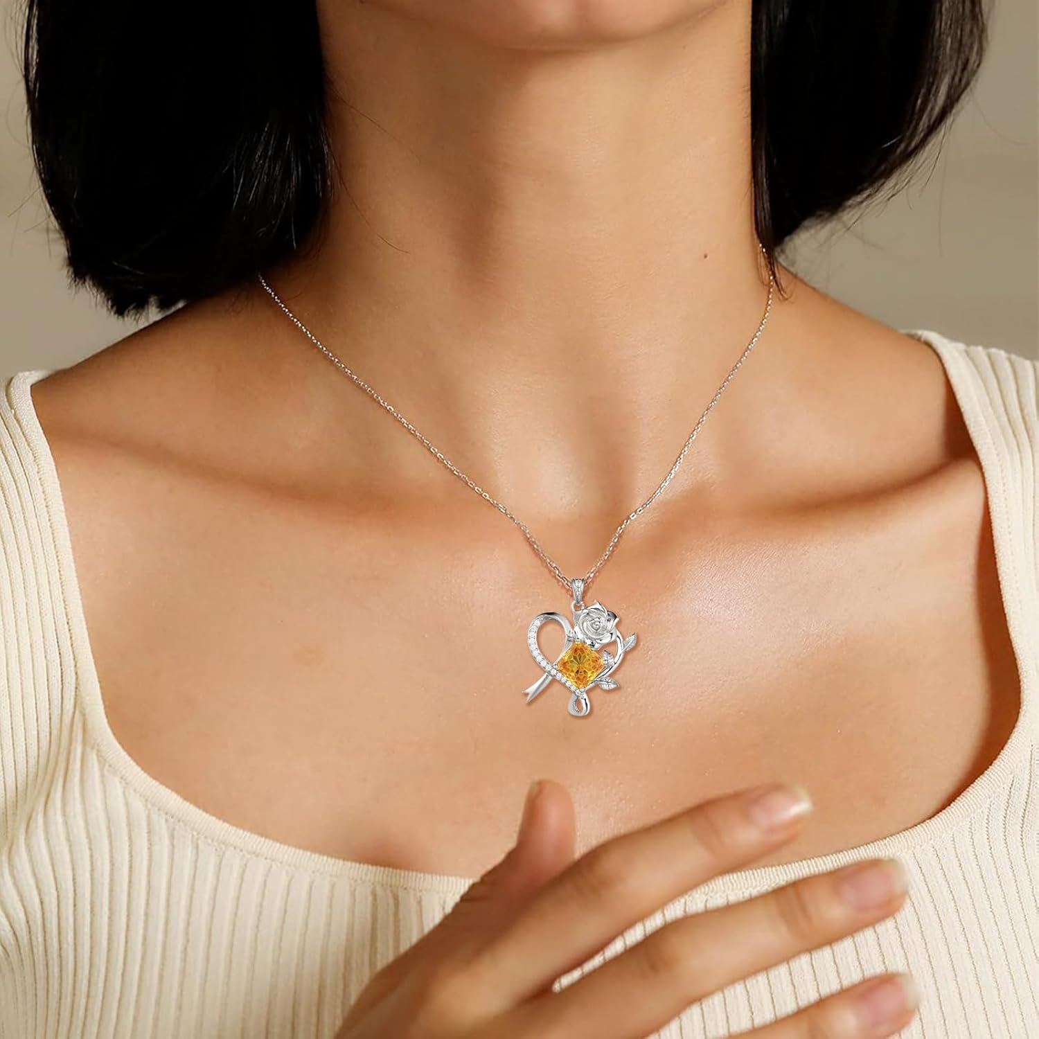 Aurora Tears Birthstone Love Heart Rose Pendant Necklace - 925 Sterling Silver Snowflake Cut Square Cubic Zirconia Ribbon Necklace Anniversary Birthday Jewelry Gift for Women Wife Mom Daughter - Image 5