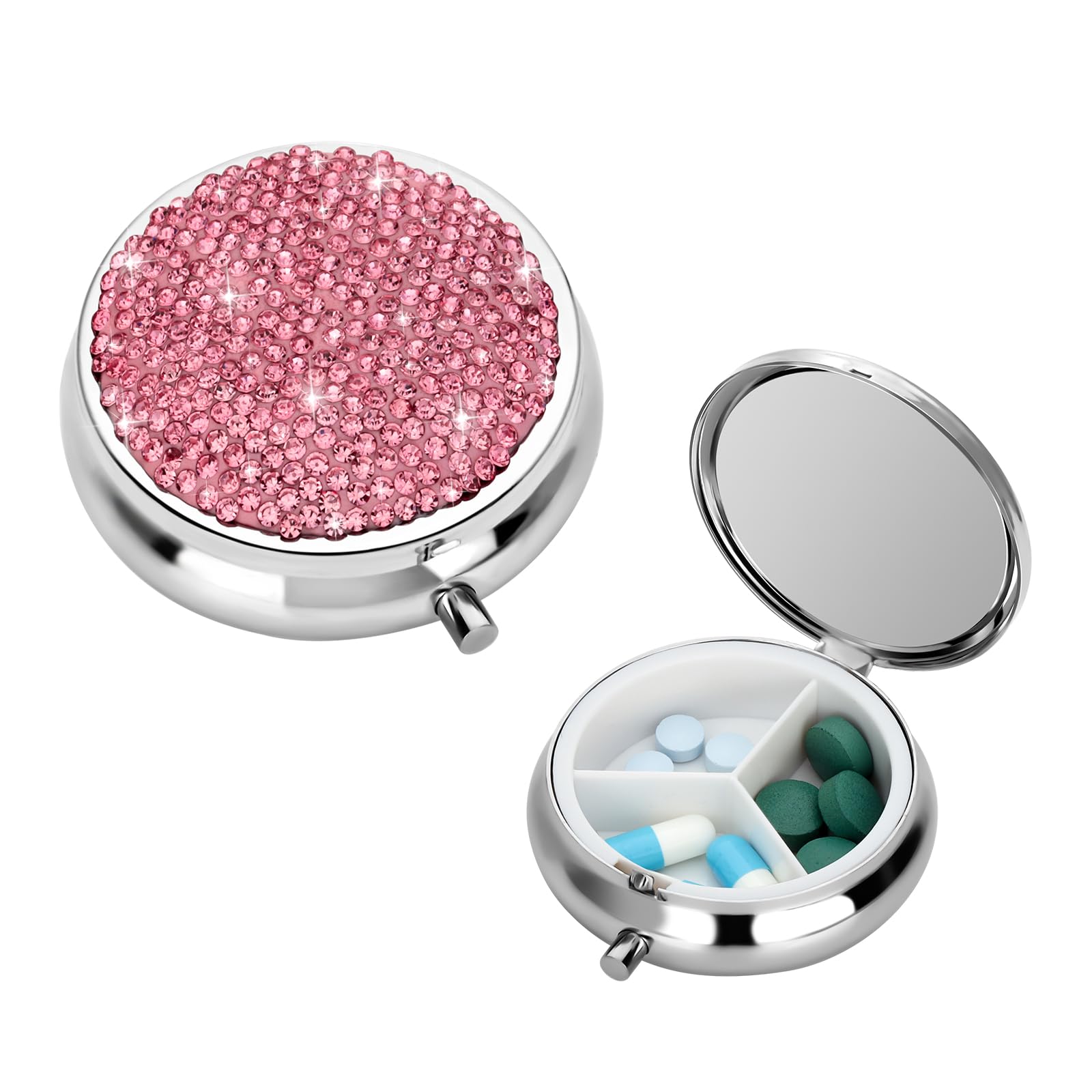 SoleebeeBling Crystal Pill Box, Portable 3 Compartments Daily Pill Organizer, Small Travel Pill Case for Purse or Pocket, Medicine Vitamin Pill Container Organizer (Pink)