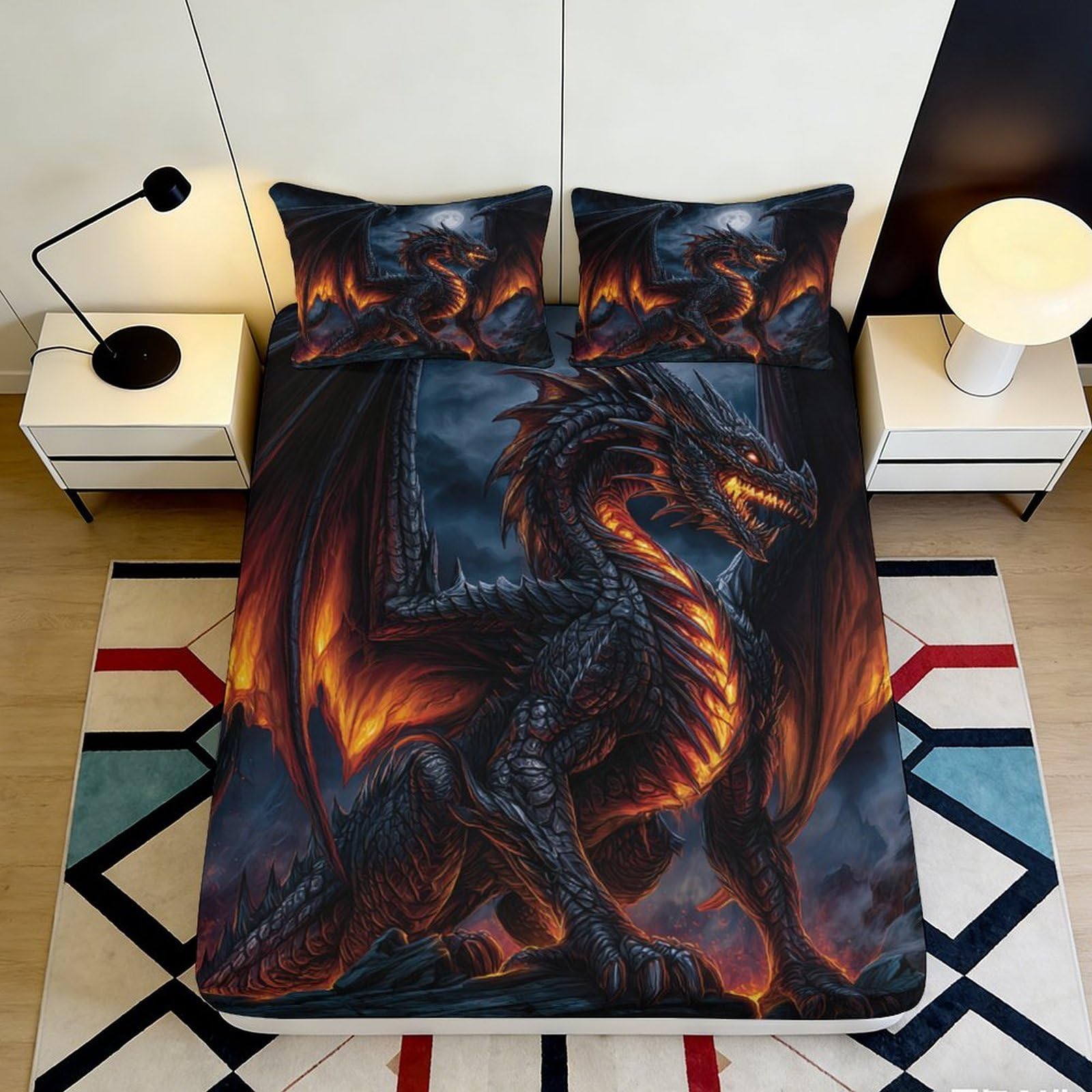 3D Printed Fire Dragon Fitted Sheet Microfiber Soft Black Orange Fantasy Creature Mattress Cover Bedroom Decor 90x200x25cm