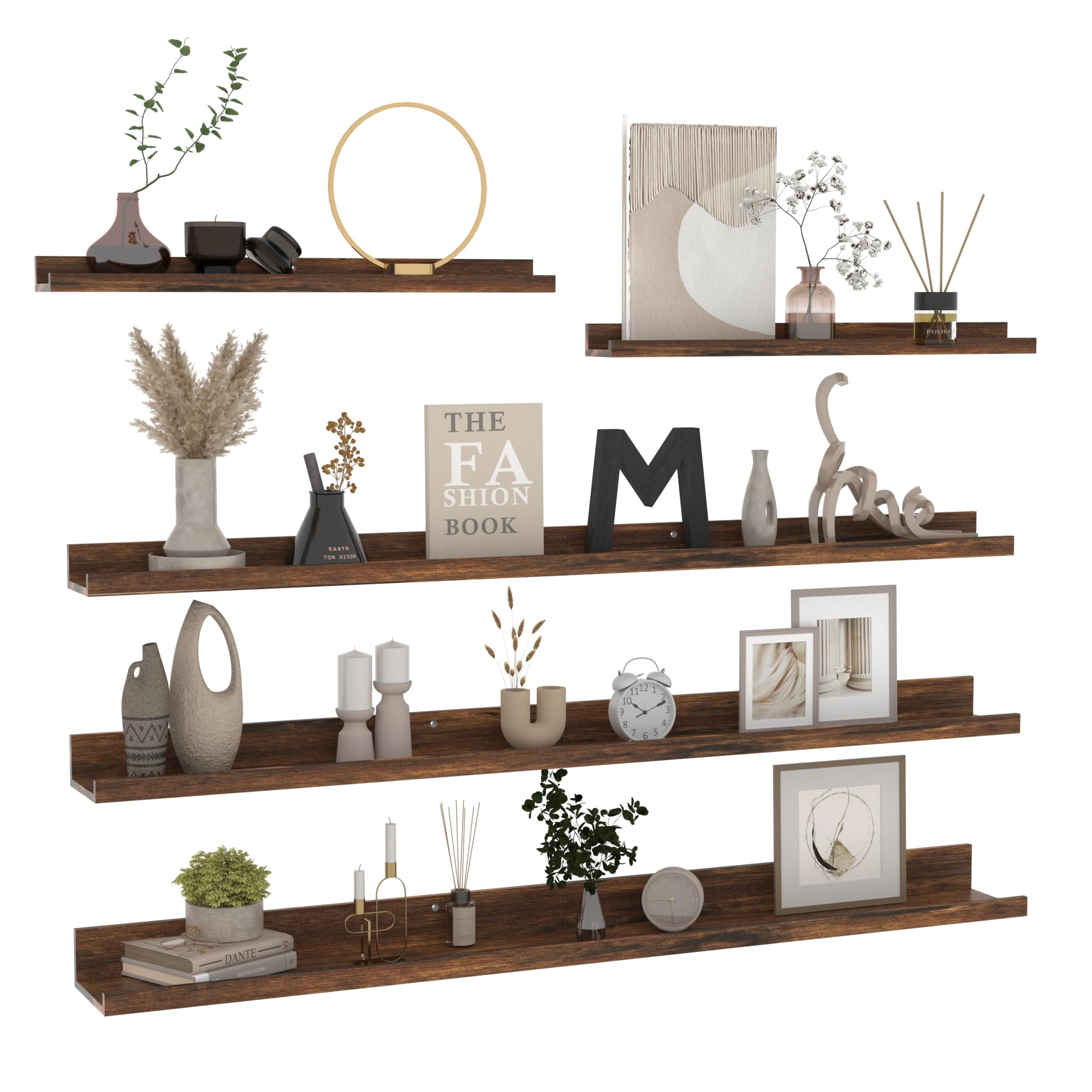 RLAVBL Juego de 5 con 120cm Estanteria Pared de Madera, Diferentes Tamaños Baldas Pared Marrón para Baño, Entrada Recibidor, Cocina, Salon.
